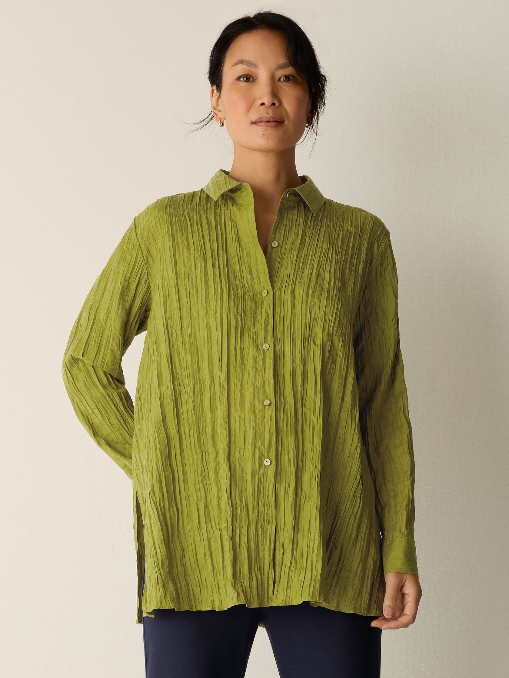 Crinkle Silk Habutai Classic Collar Shirt