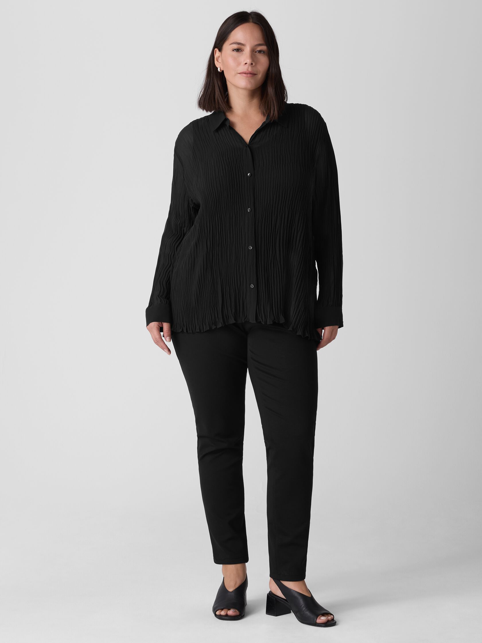 Crinkled Sheer Silk Georgette Classic Collar Shirt