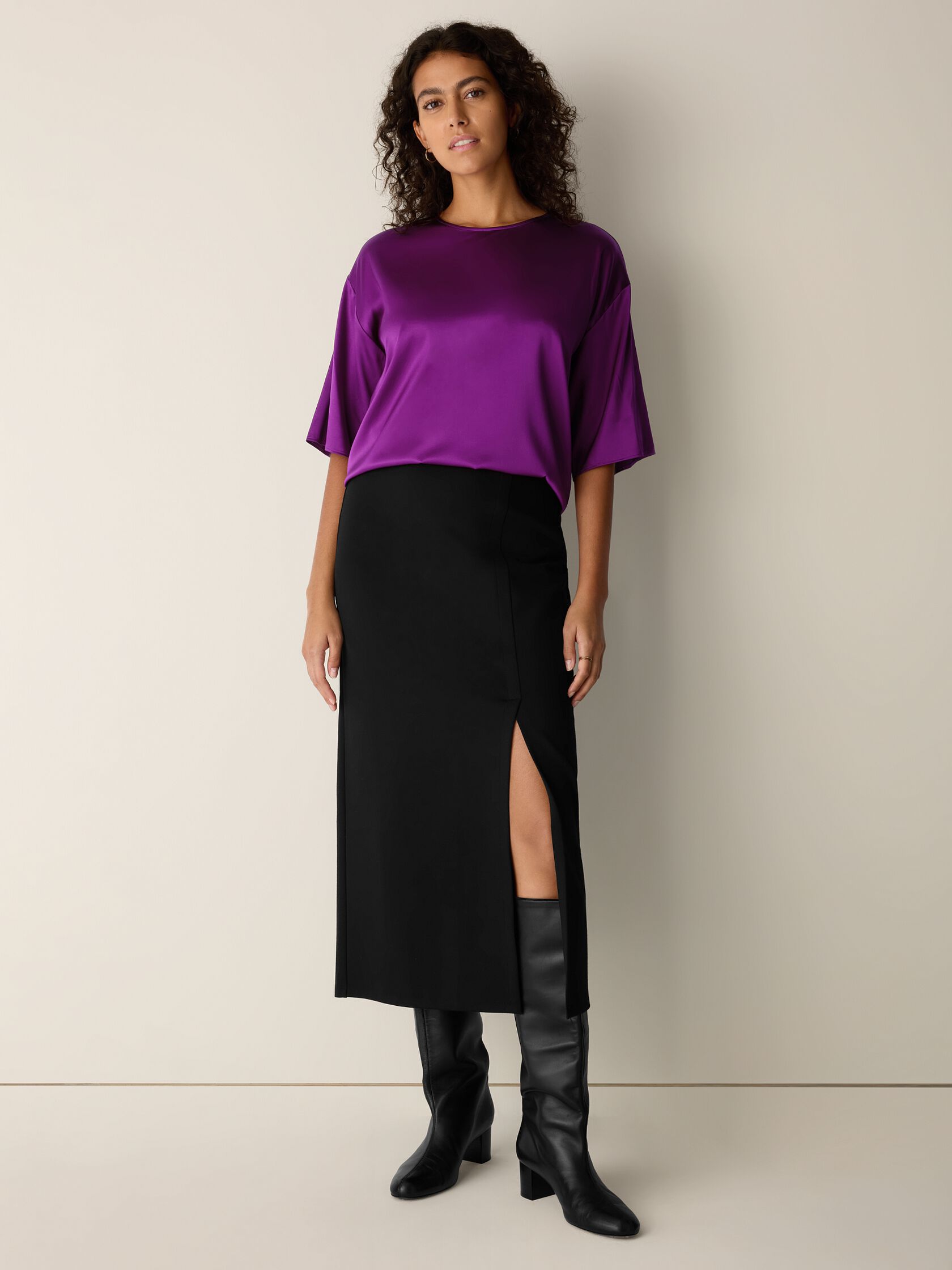 Stretch Silk Charmeuse Round Neck Top