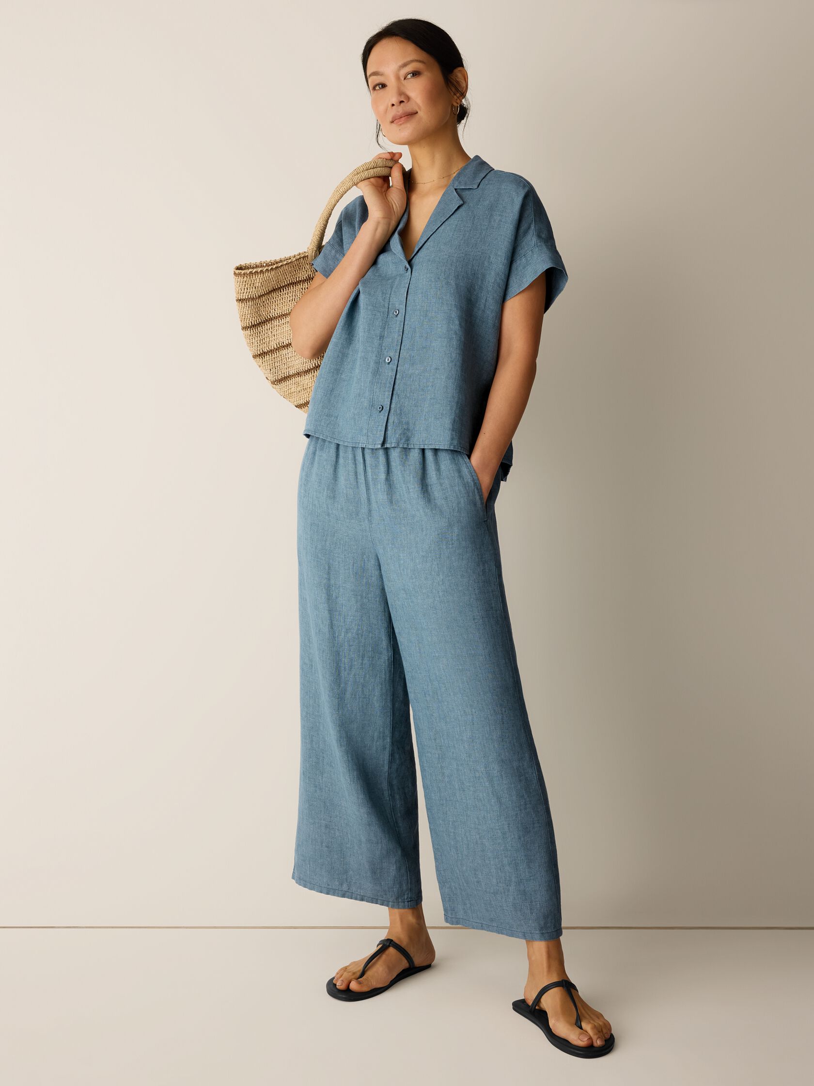 Washed Organic Linen D&eacute;lav&eacute; Wide-Leg Pant