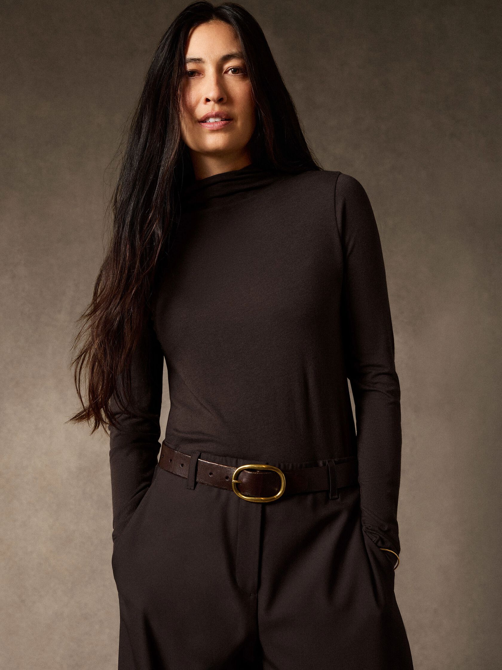 Sheer Cotton Blend Knit Funnel Neck Top