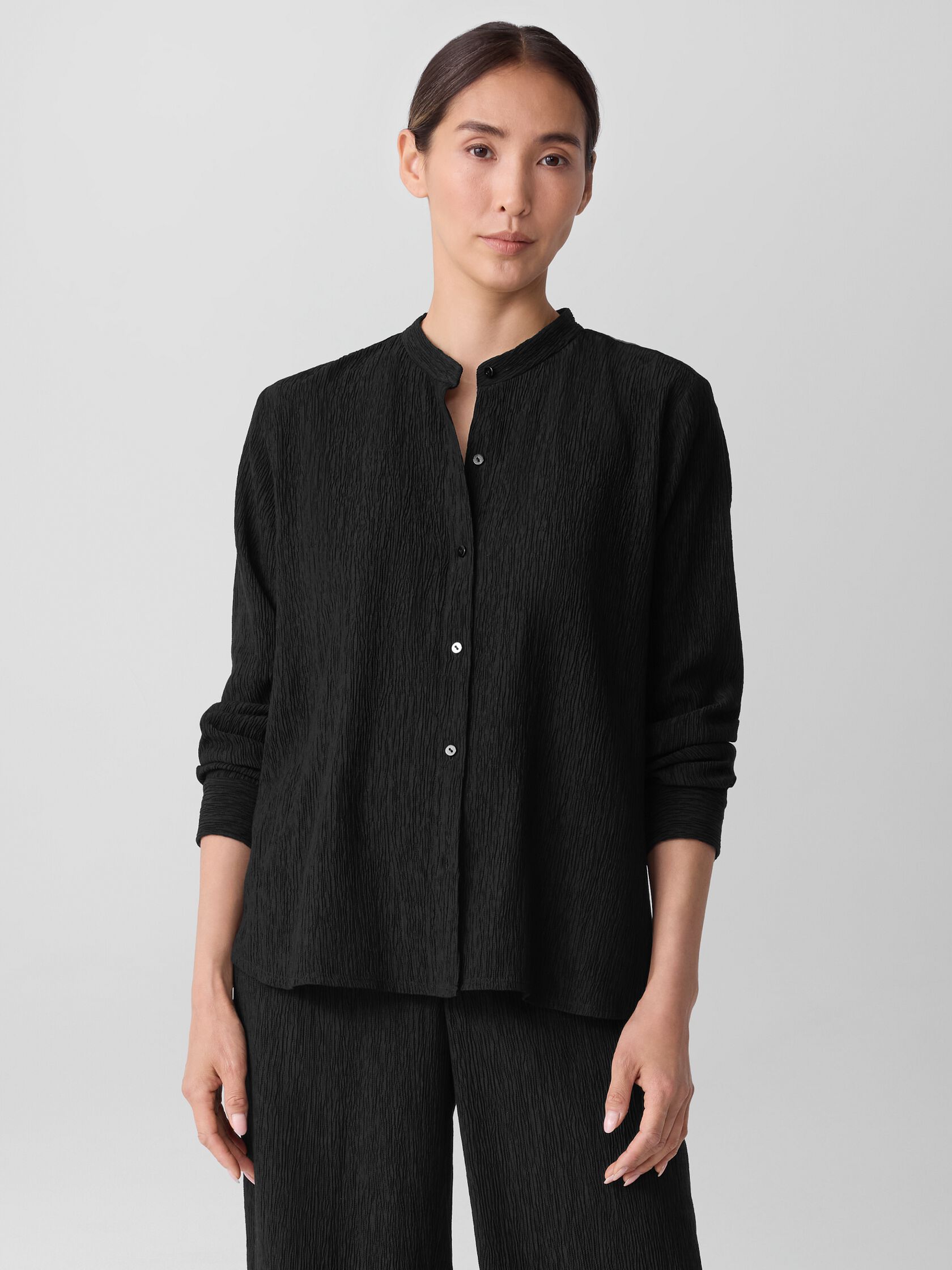 Woven Plissé Band Collar Shirt