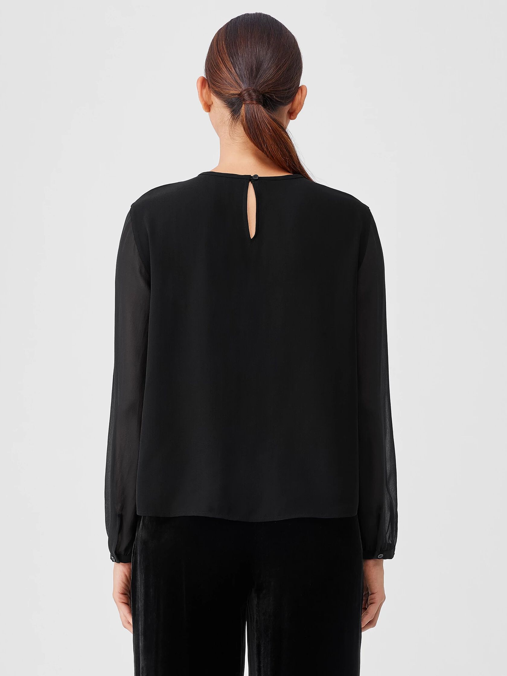 Silk Georgette Crepe Top with Sheer Sleeves