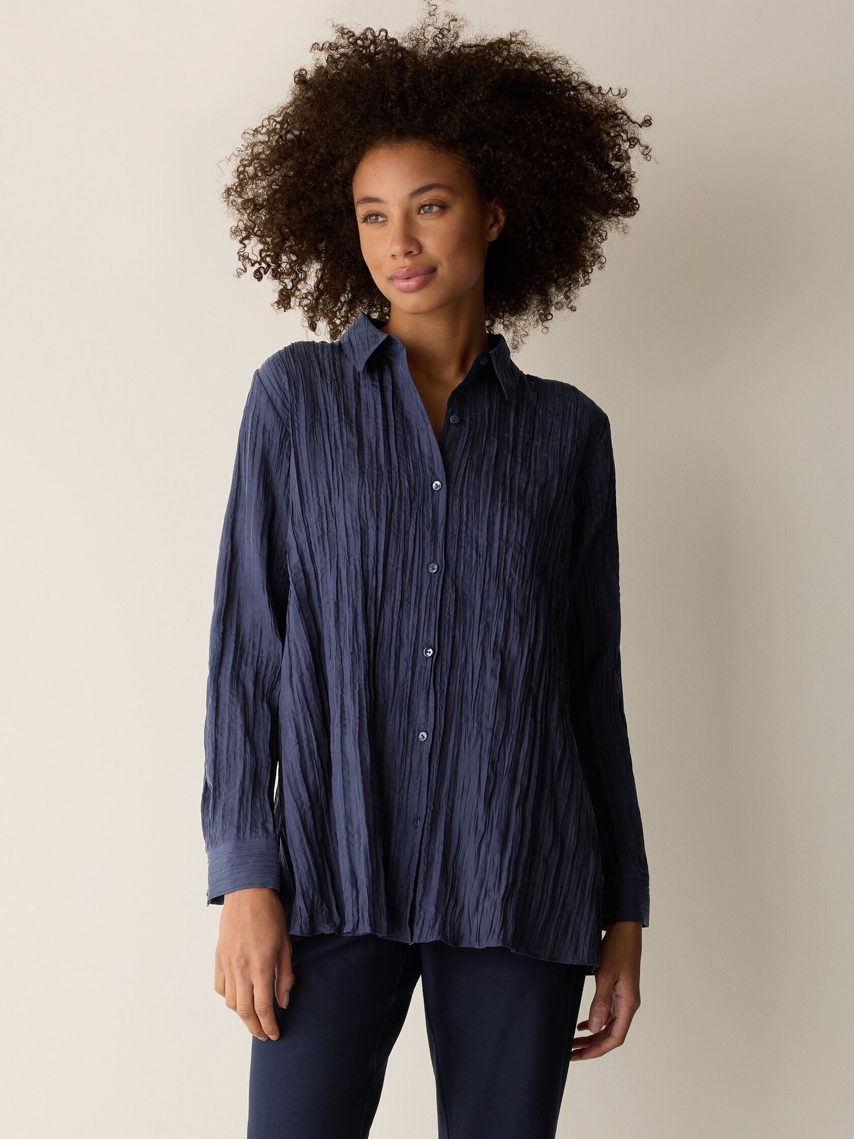 Crinkle Silk Habutai Classic Collar Shirt