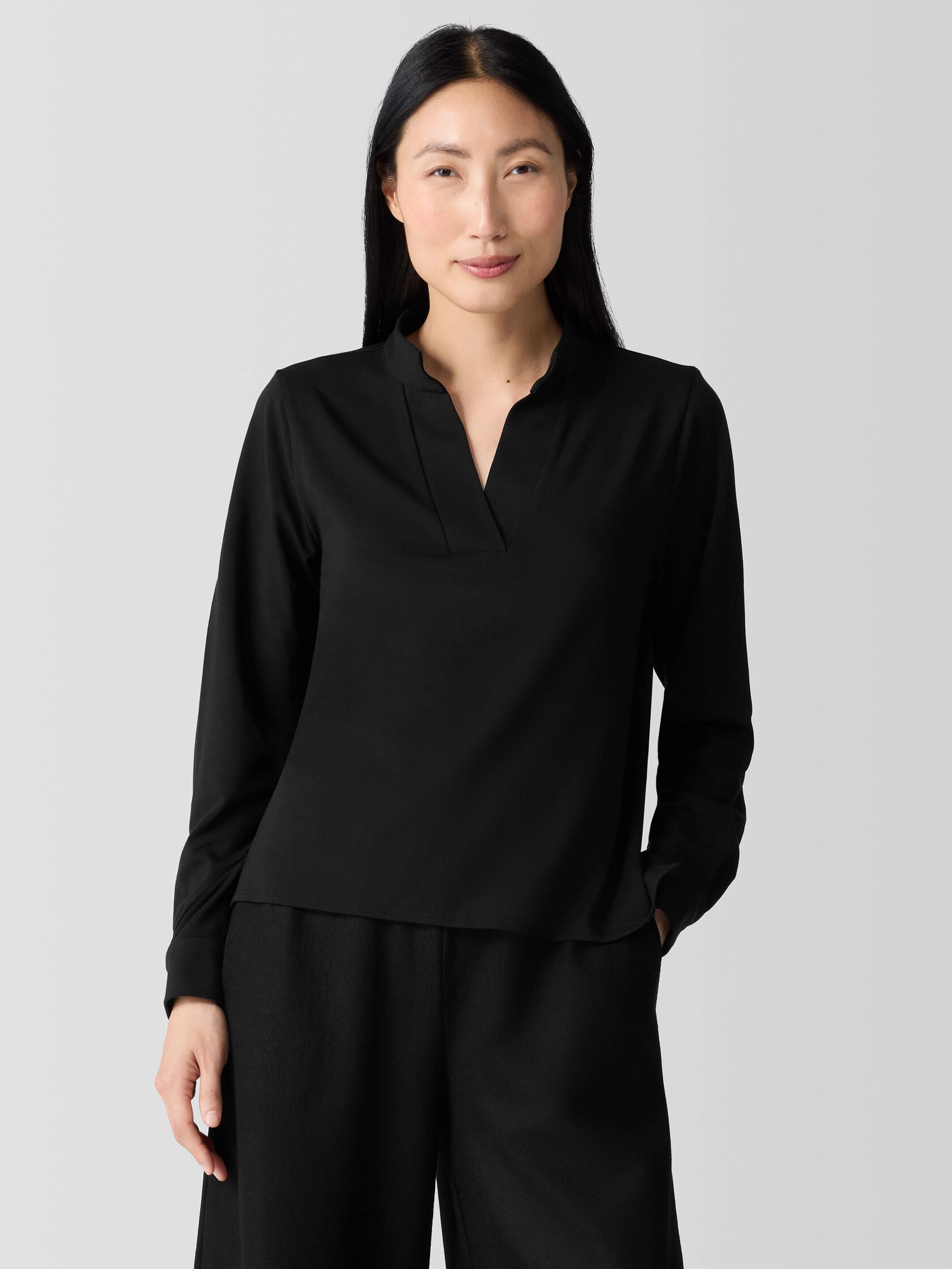 Stretch Jersey Knit Band Collar Top