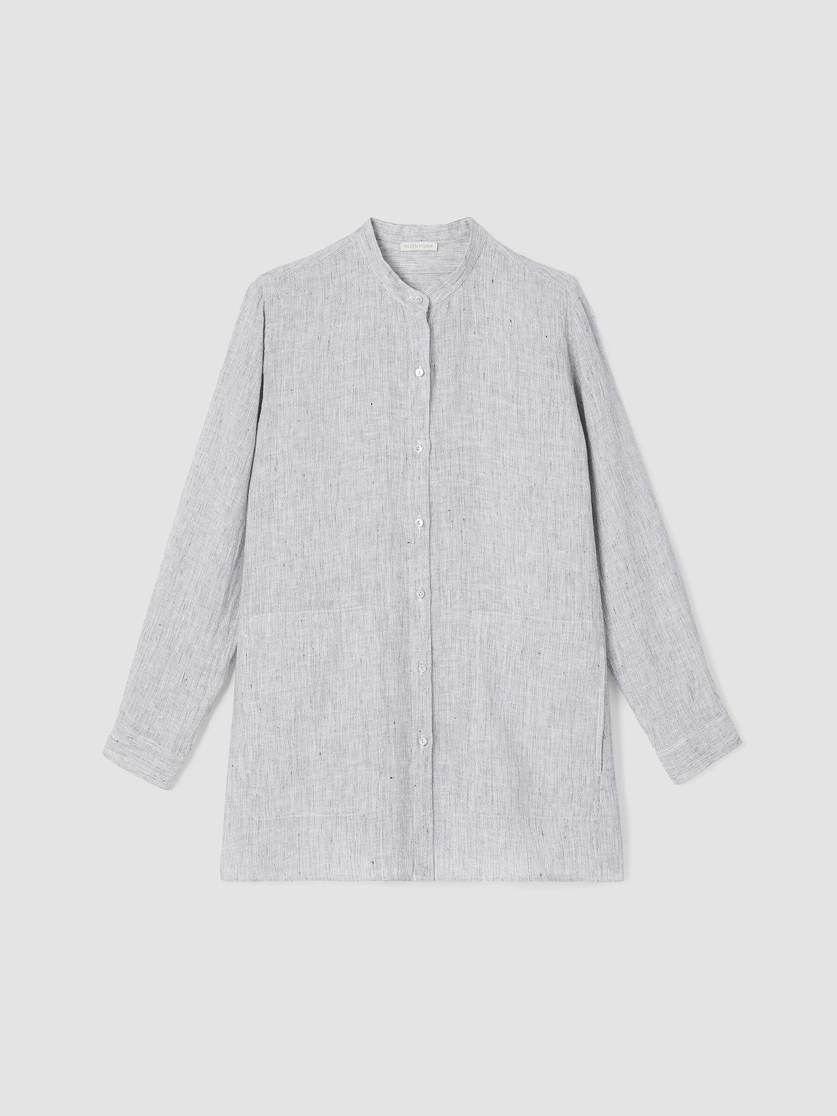 Crinkled Organic Linen Stripe Mandarin Collar Long Shirt