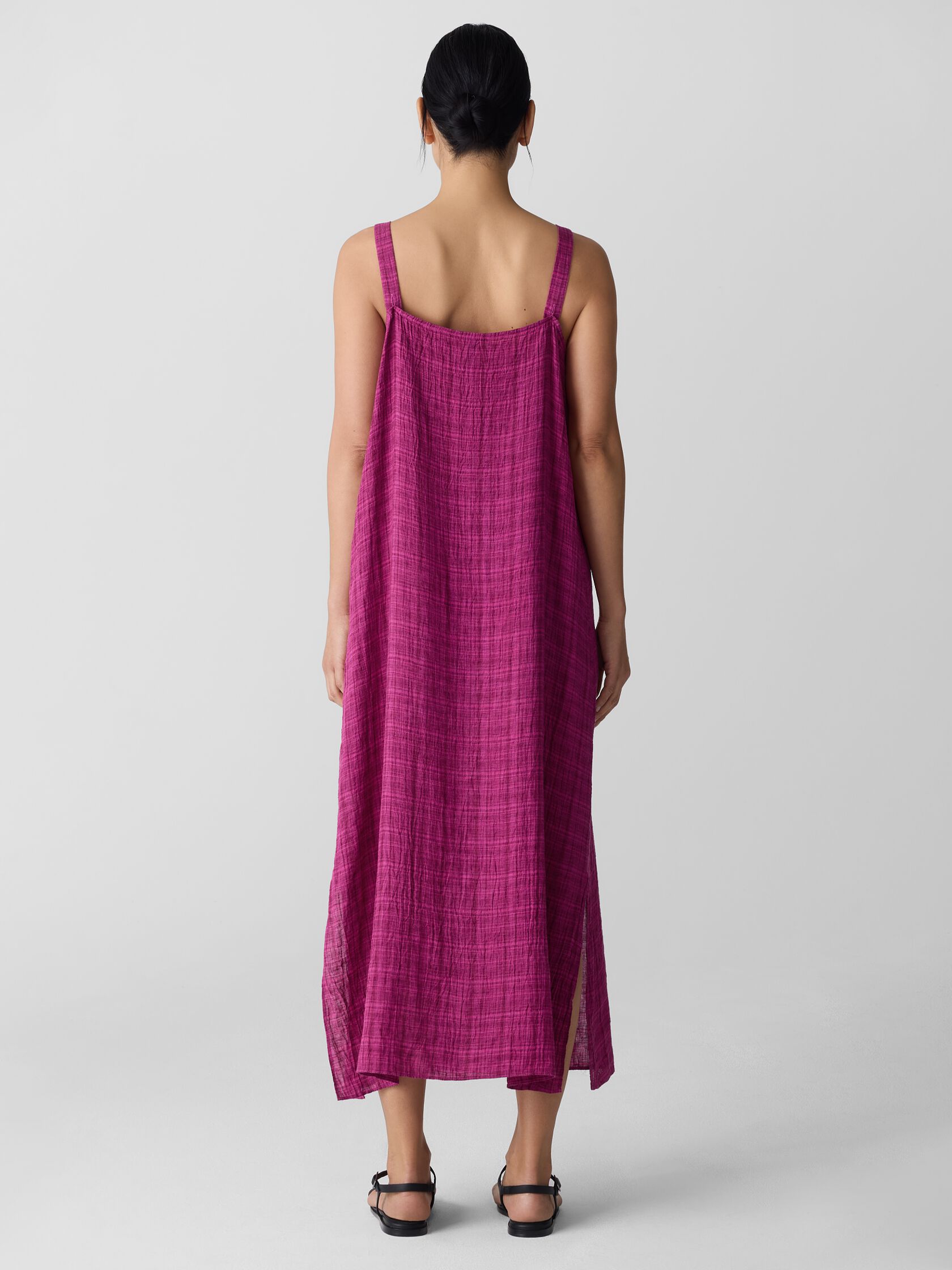 Puckered Organic Linen Plaid Square Neck Dress