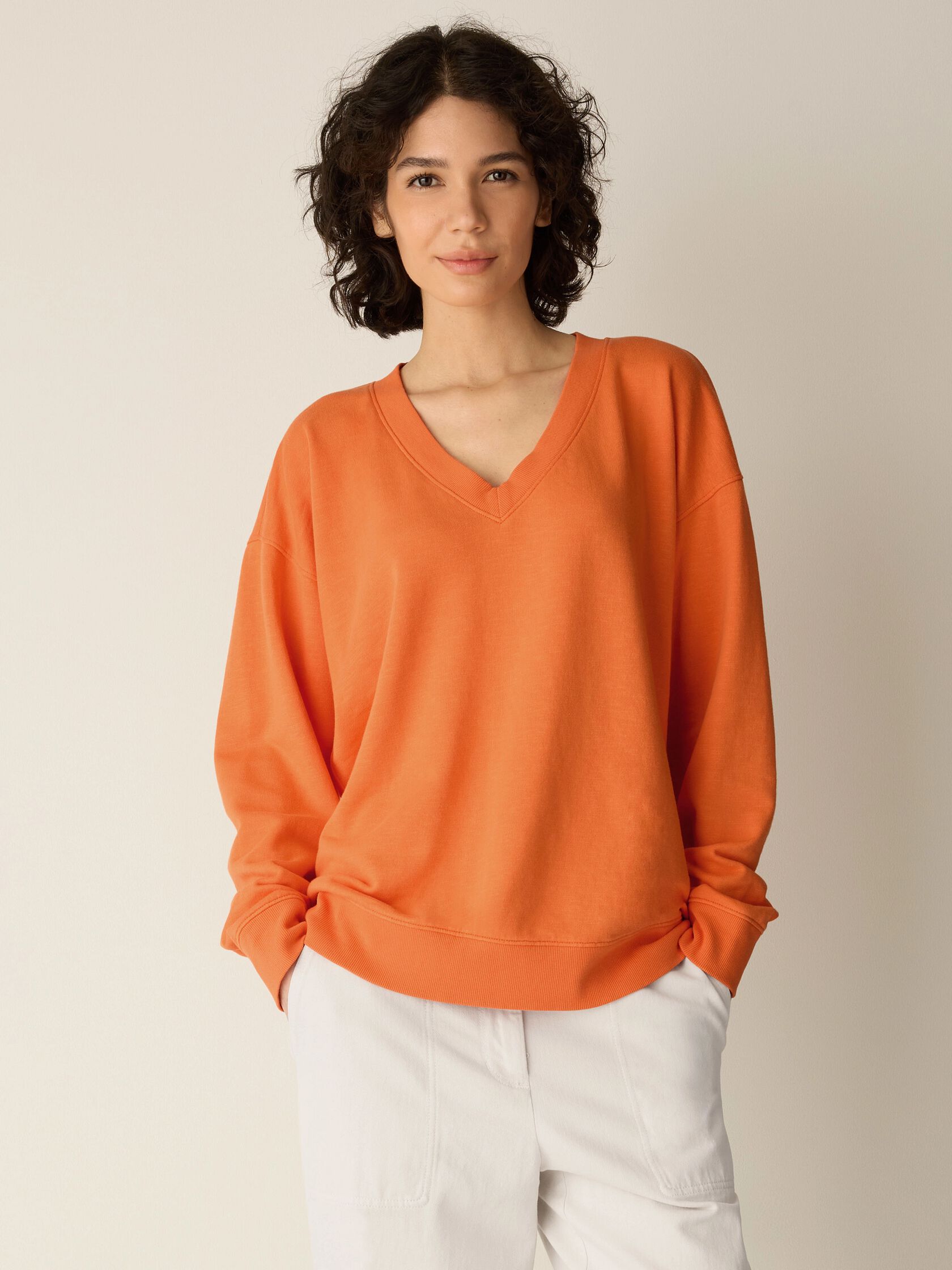 Garment-Dyed Organic Cotton Terry V-Neck Top