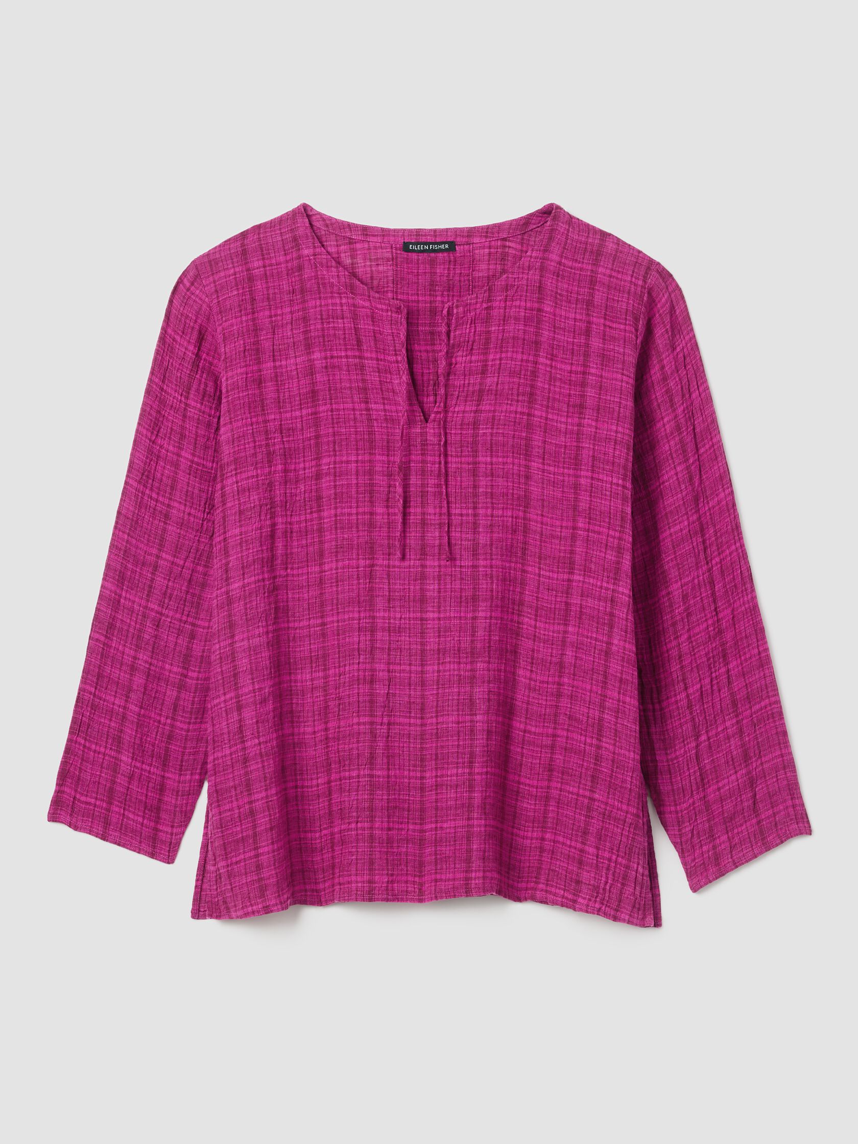 Puckered Organic Linen Plaid Keyhole Top