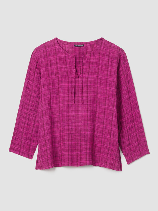 Puckered Organic Linen Plaid Keyhole Top