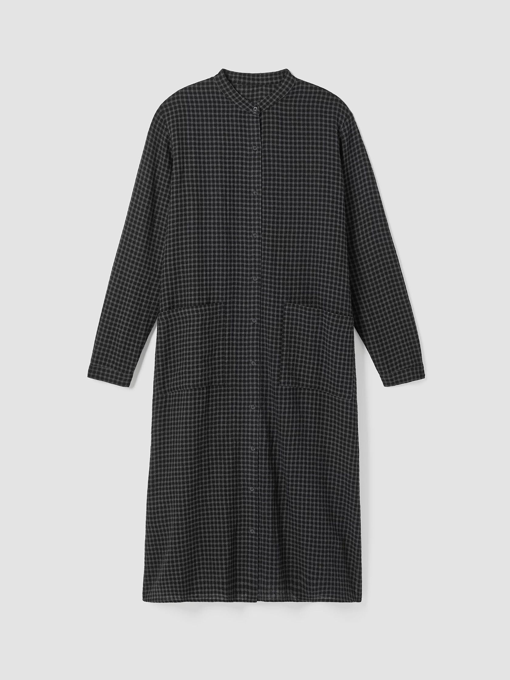 Wool Cotton Check Mandarin Collar Shirtdress