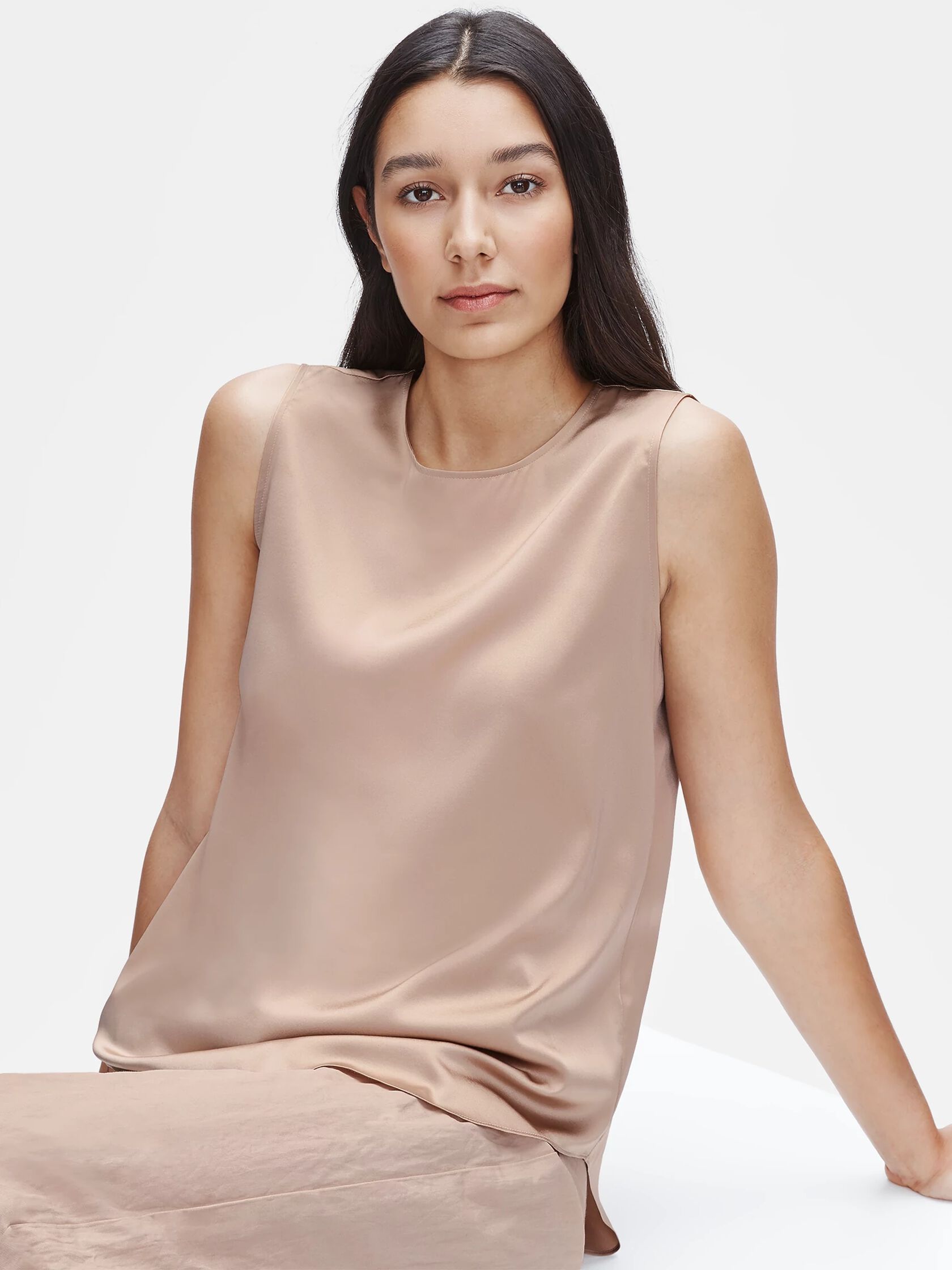 Stretch Silk Charmeuse Round Neck Shell