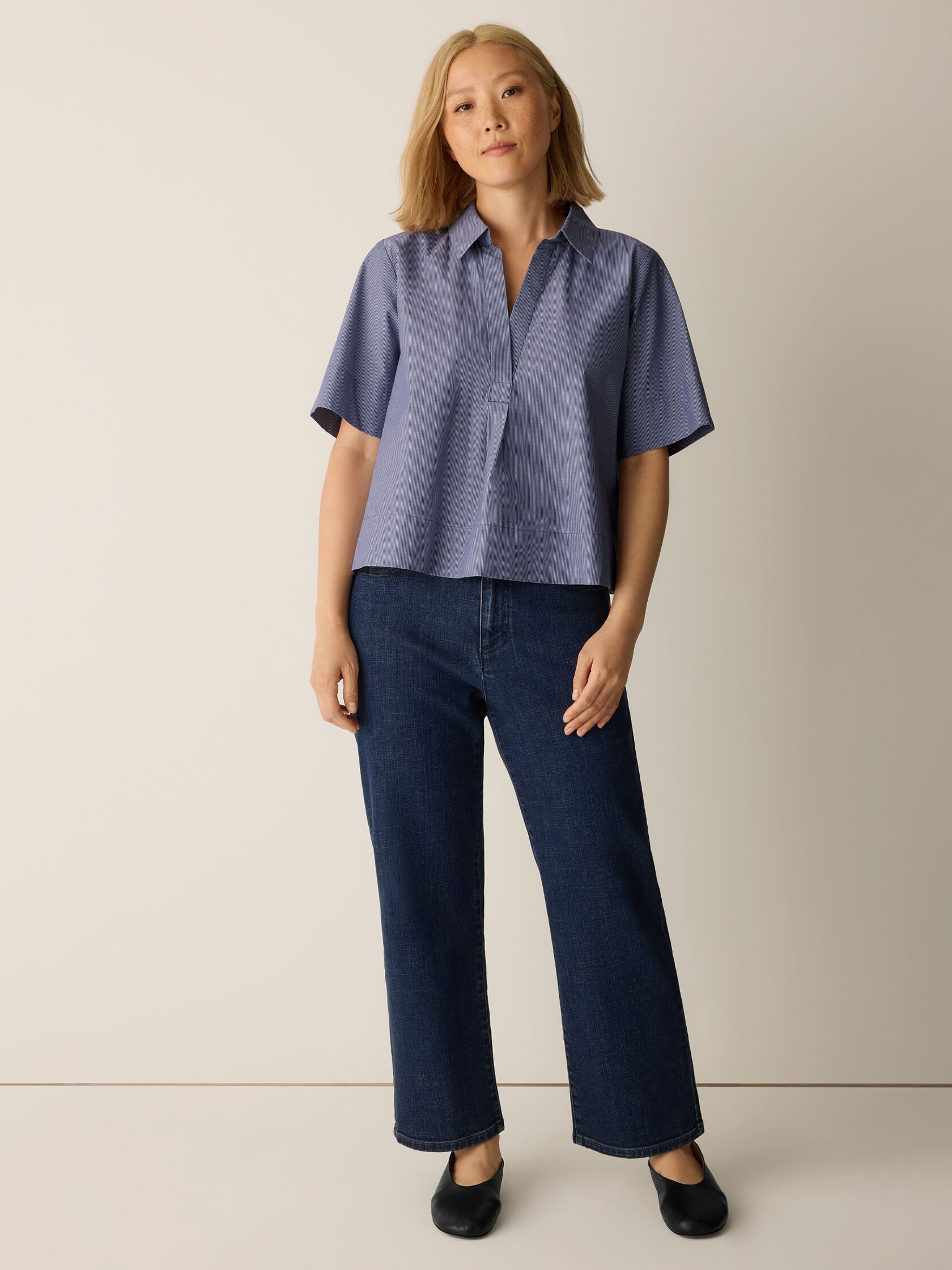 Striped Organic Cotton Poplin Split Neck Top