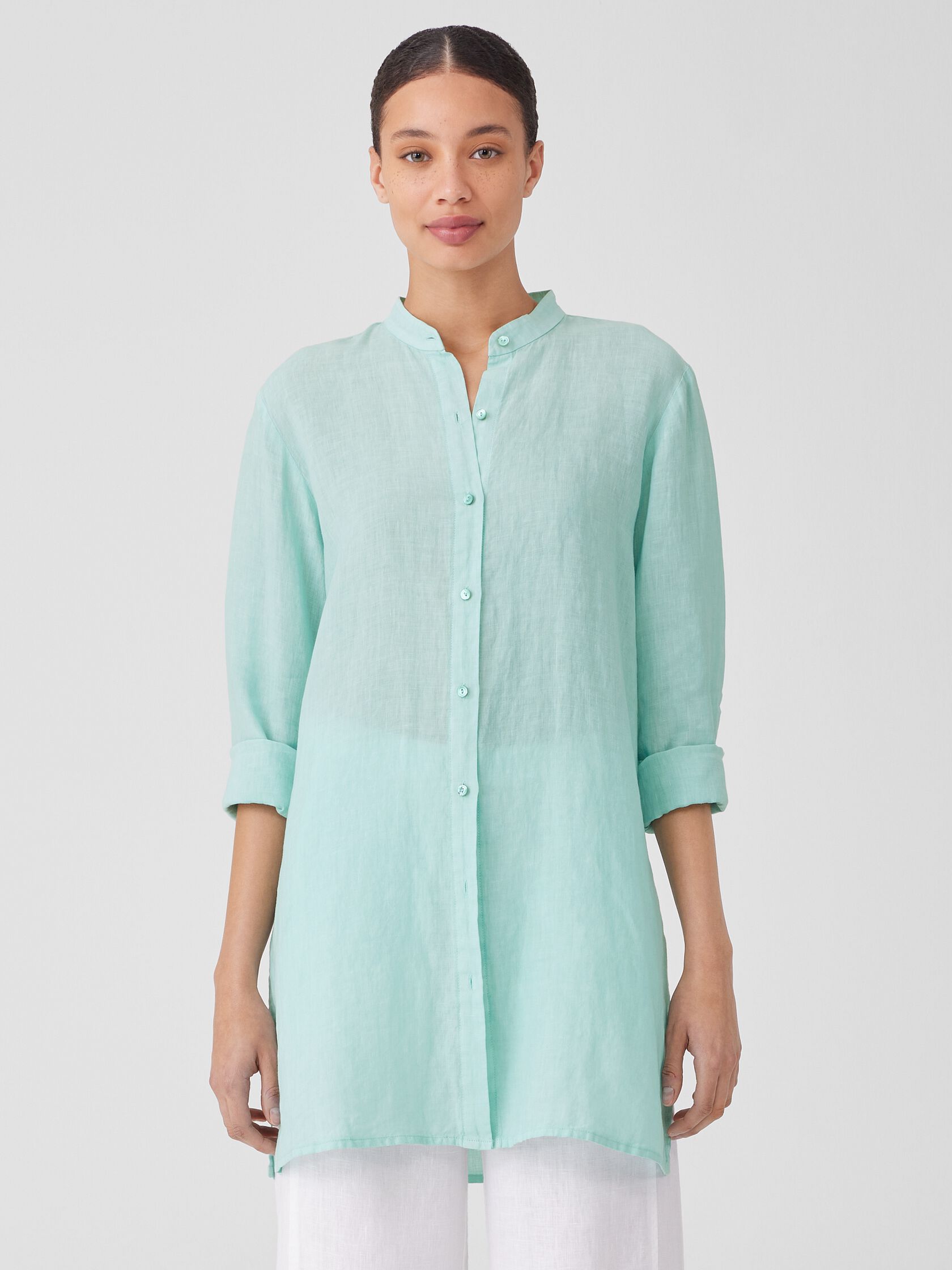 Garment-Dyed Handkerchief Linen Mandarin Collar Long Shirt