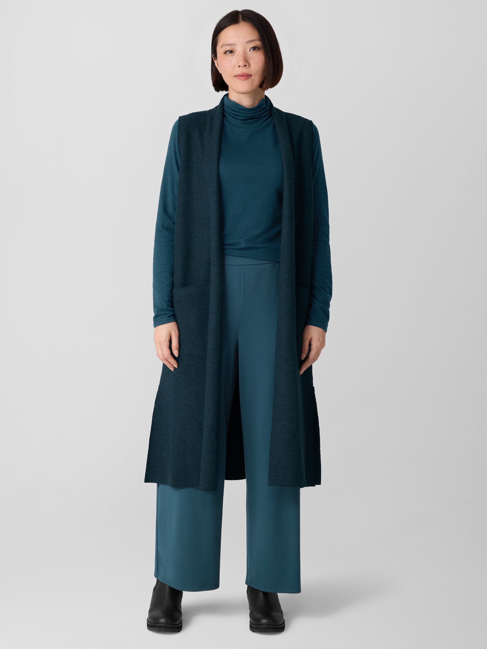 Lightweight Boiled Wool Shawl Collar Vest in Regenerative Wool