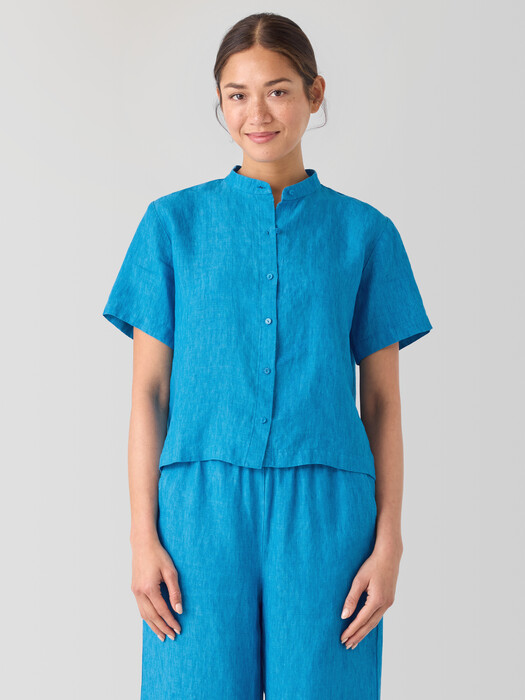 Washed Organic Linen Délavé Band Collar Shirt