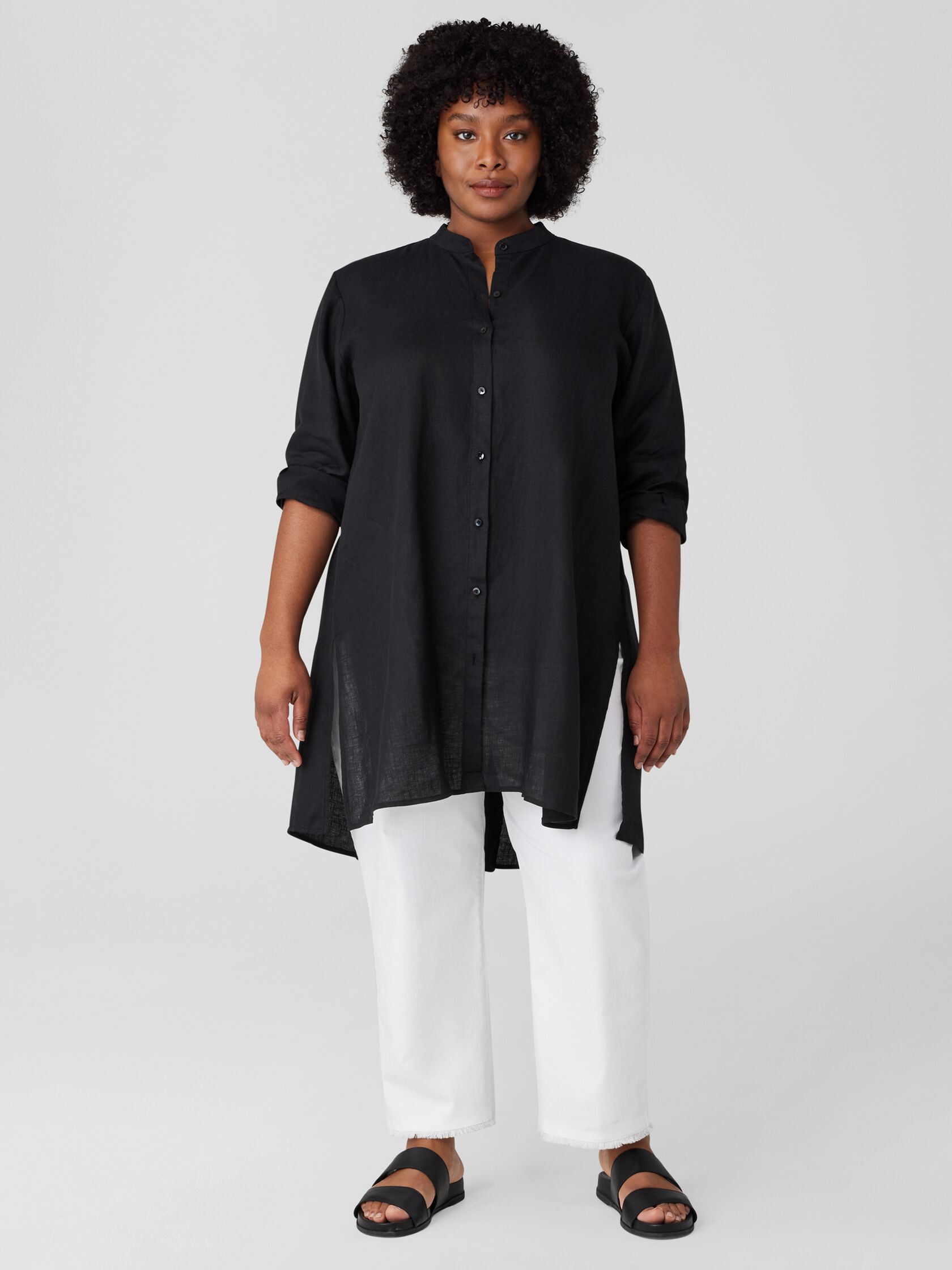 Handkerchief Linen Mandarin Collar Long Shirt