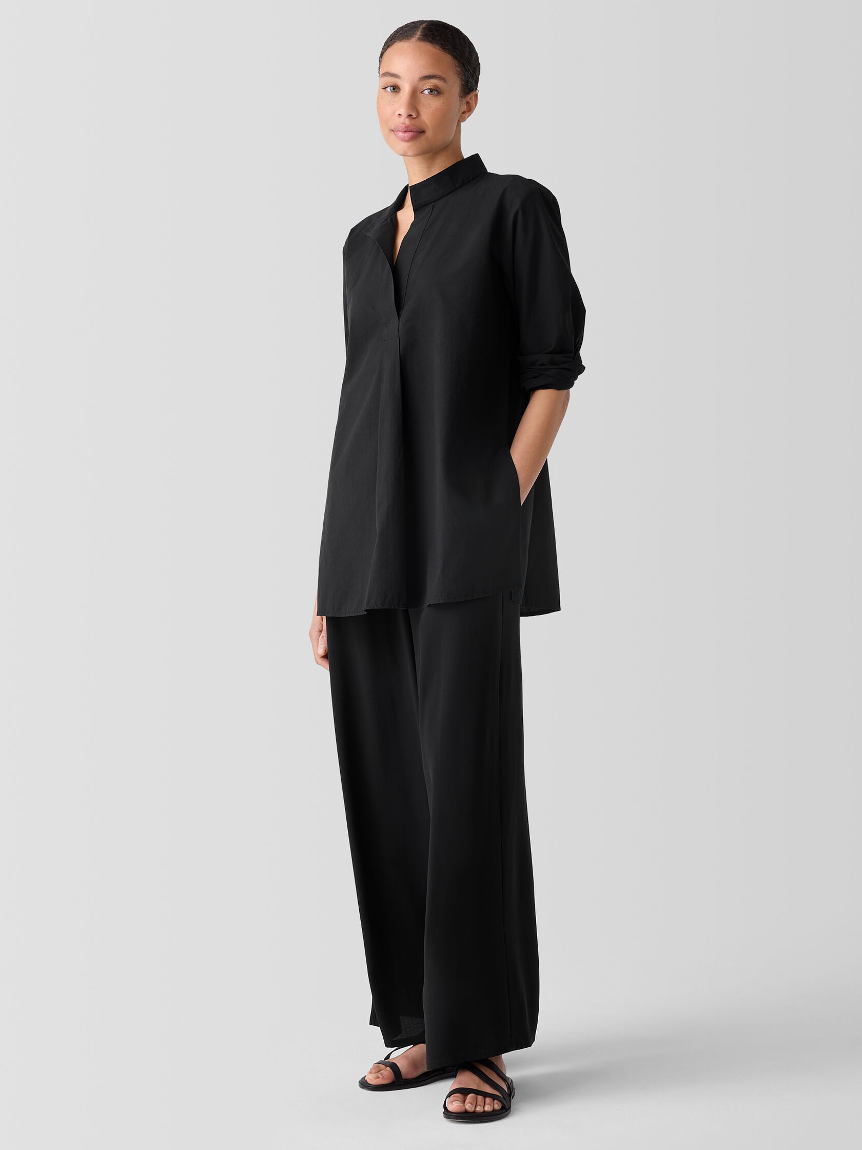 Washed Organic Cotton Poplin Stand Collar Top