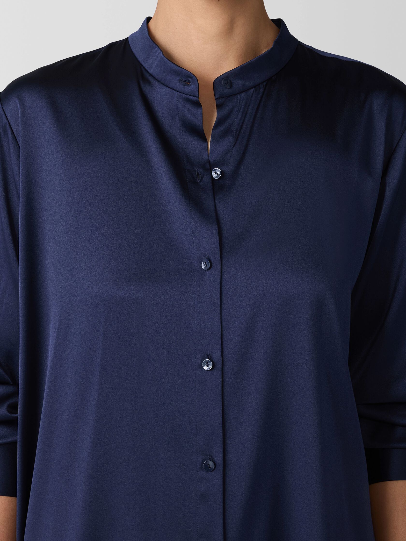 Stretch Silk Charmeuse Band Collar Long Shirt