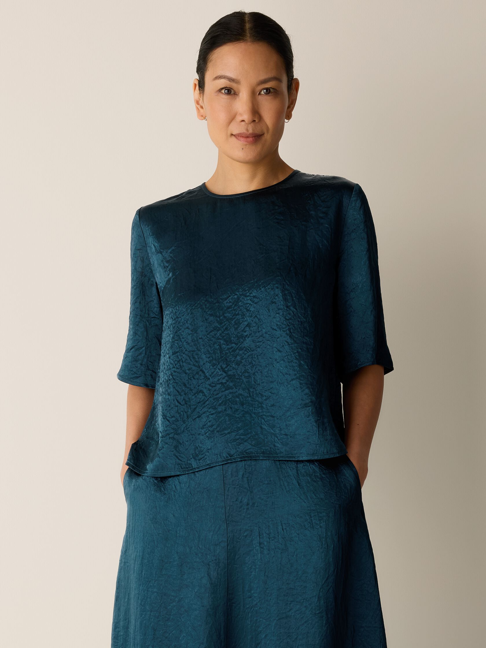 Textured Satin Round Neck Elbow-Sleeve Top