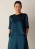Textured Satin Round Neck Elbow-Sleeve Top