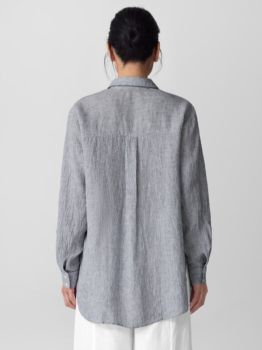 Puckered Organic Linen Stripe Classic Collar Long Shirt