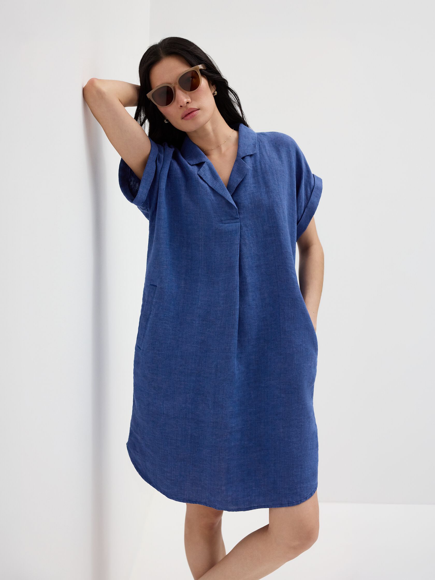 Washed Organic Linen D&eacute;lav&eacute; Notch Collar Dress