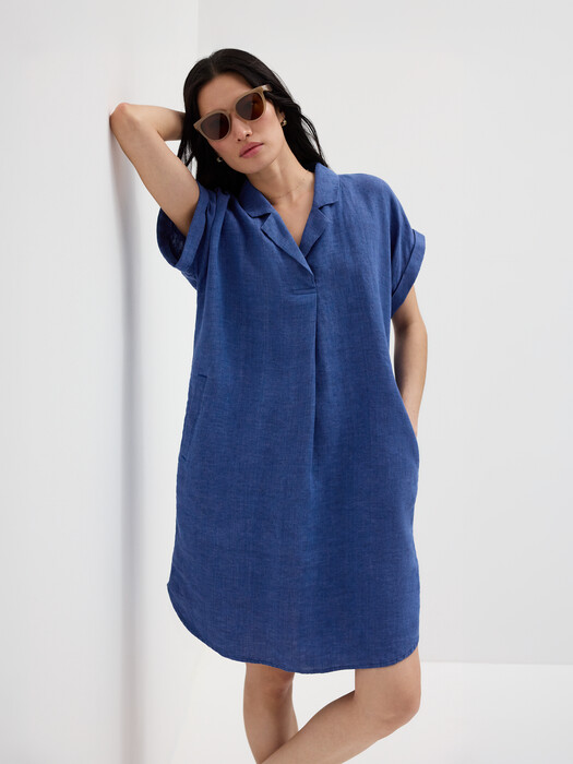 eileen fisher linen cap sleeve dress Eileen Fisher Washed Organic Linen Delave Mandarin Collar Cap-Sleeve Dress
