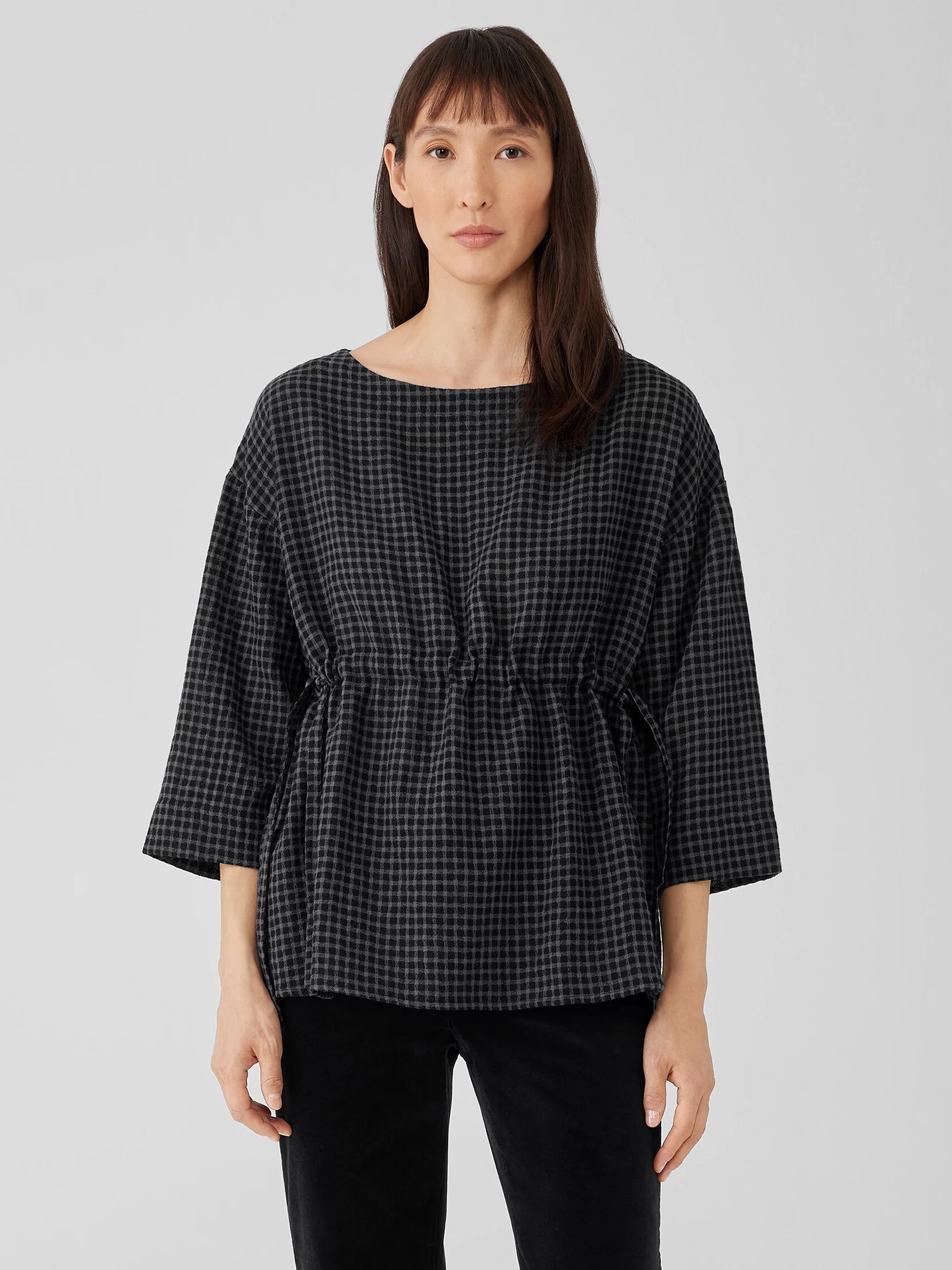 Wool Cotton Check Bateau Neck Top