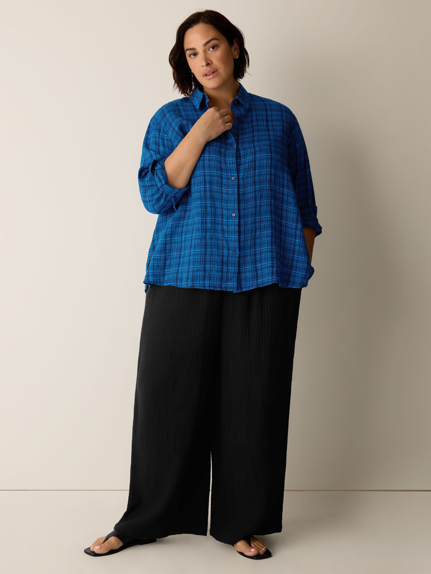 Puckered Organic Linen Plaid Classic Collar Shirt