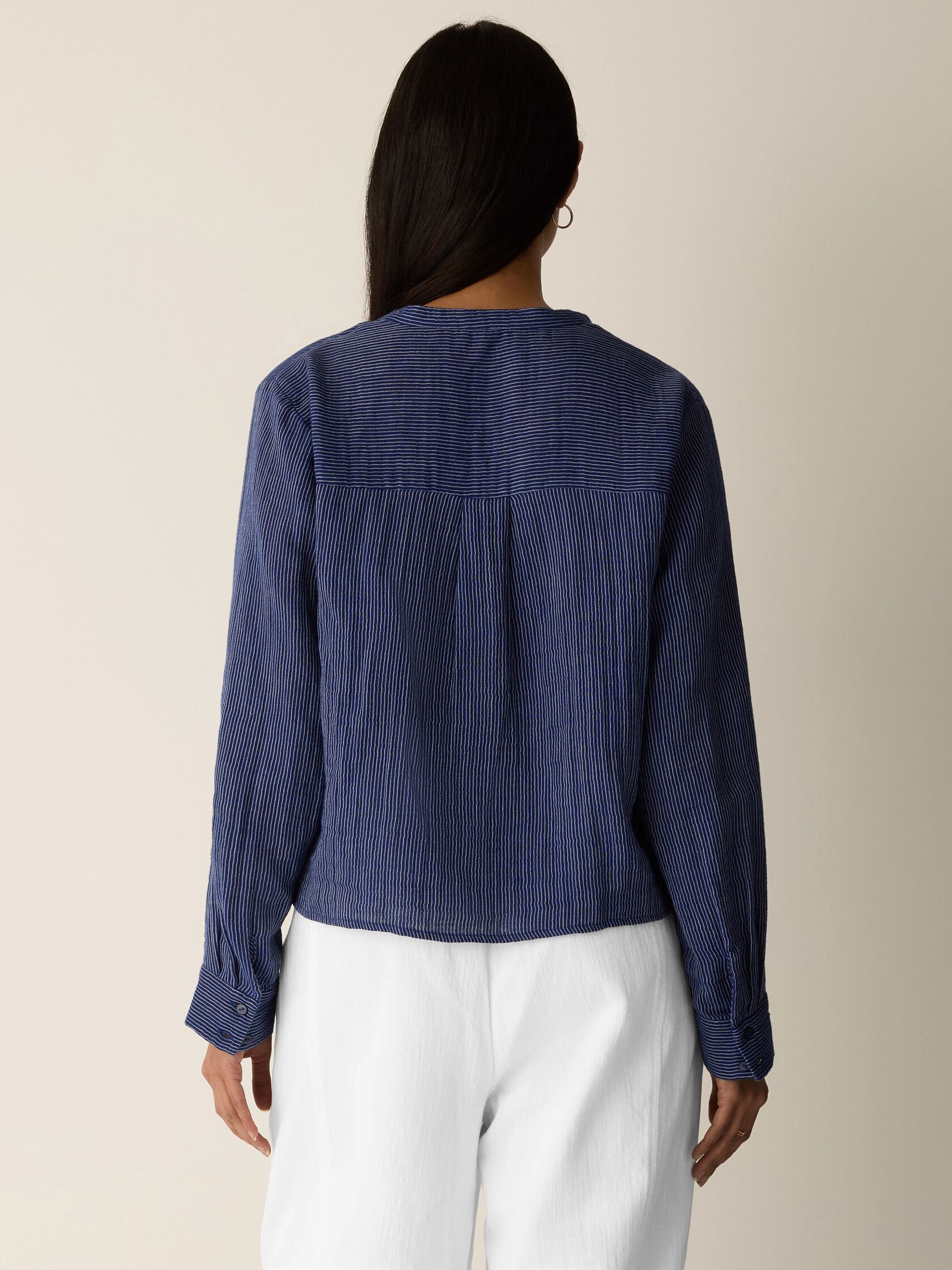 Striped Organic Cotton Gauze Band Collar Shirt