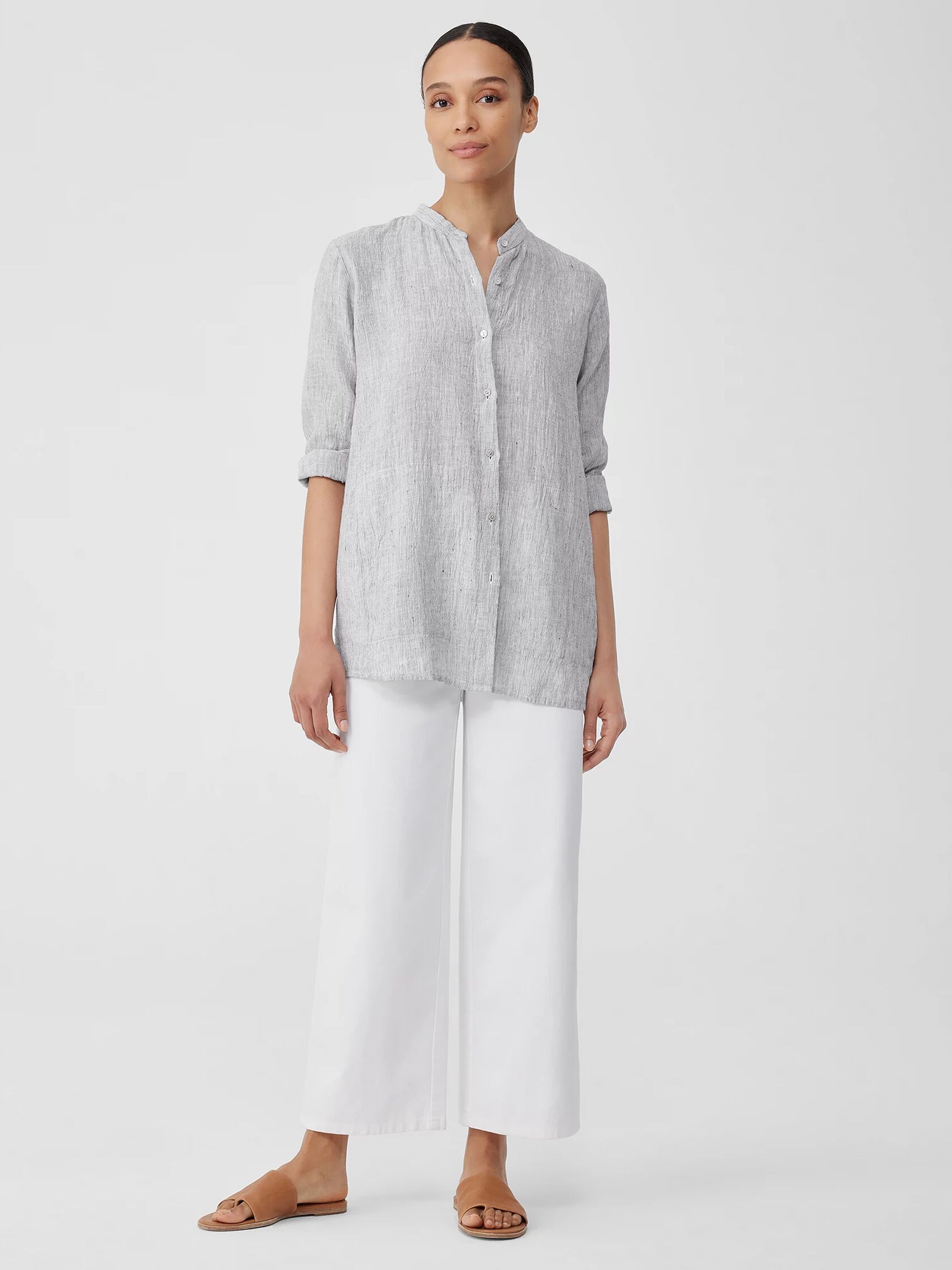 Crinkled Organic Linen Stripe Mandarin Collar Long Shirt