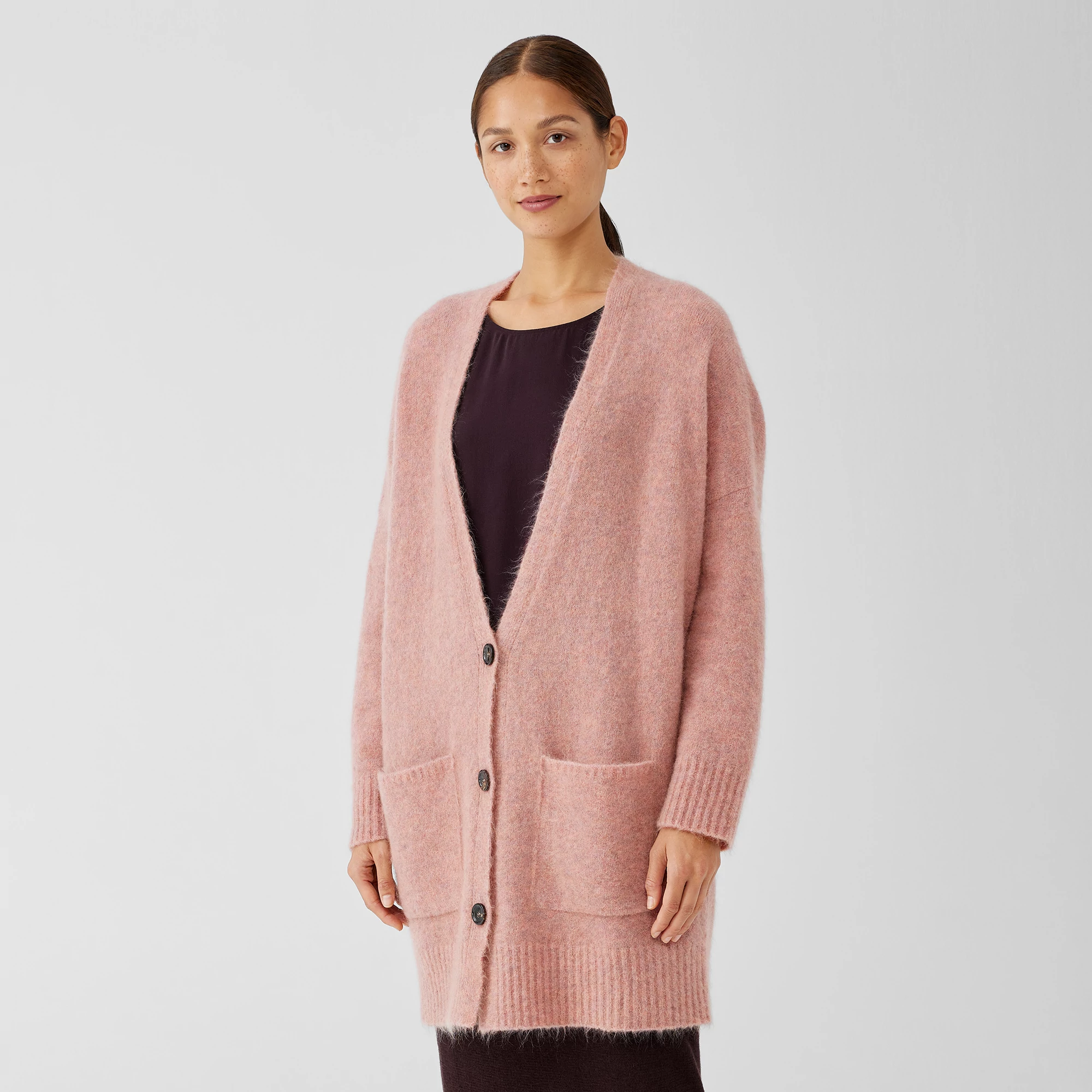 Mohair Plush Melange V-Neck Cardigan 