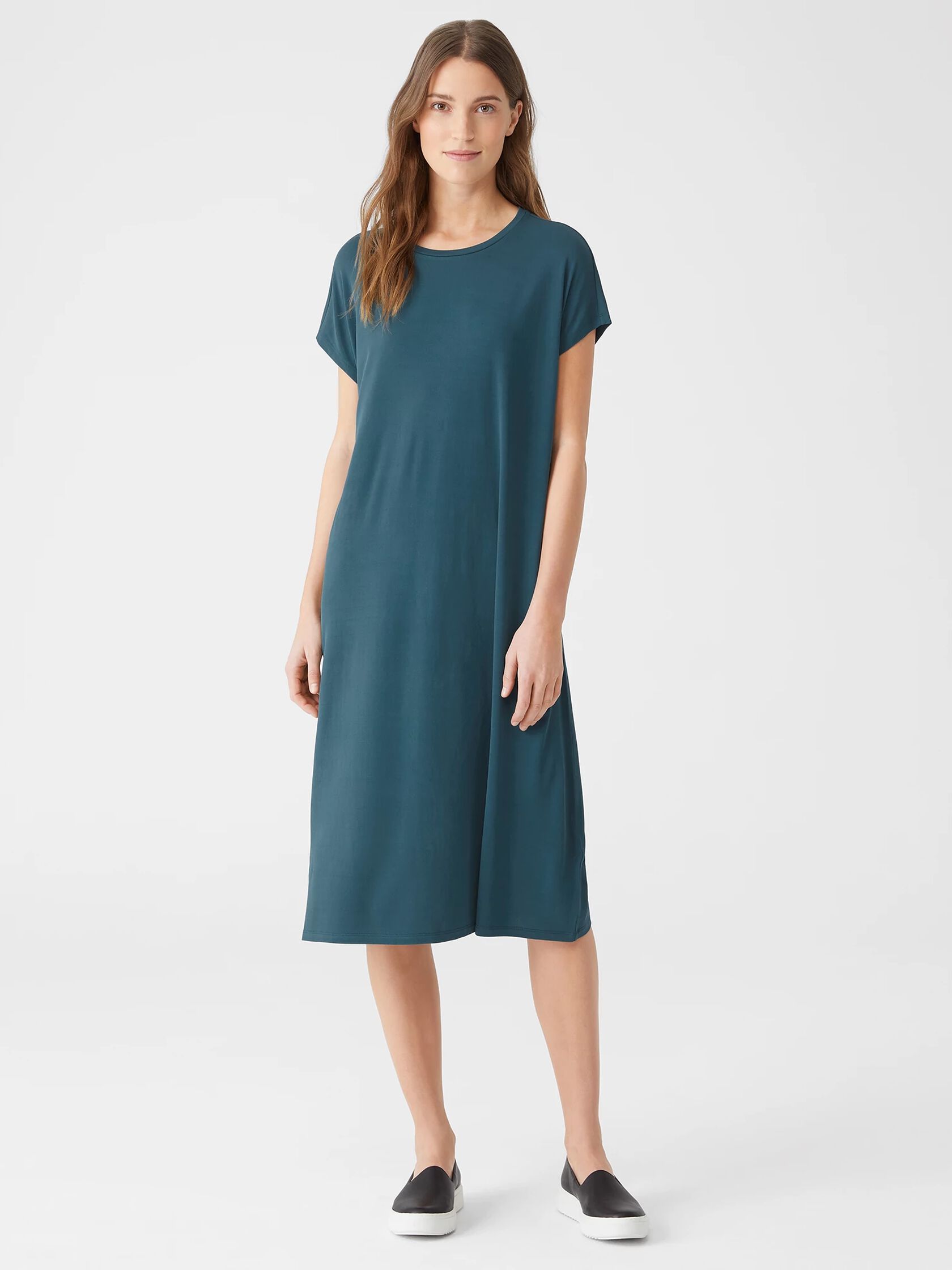 Stretch Silk Jersey Crew Neck Dress