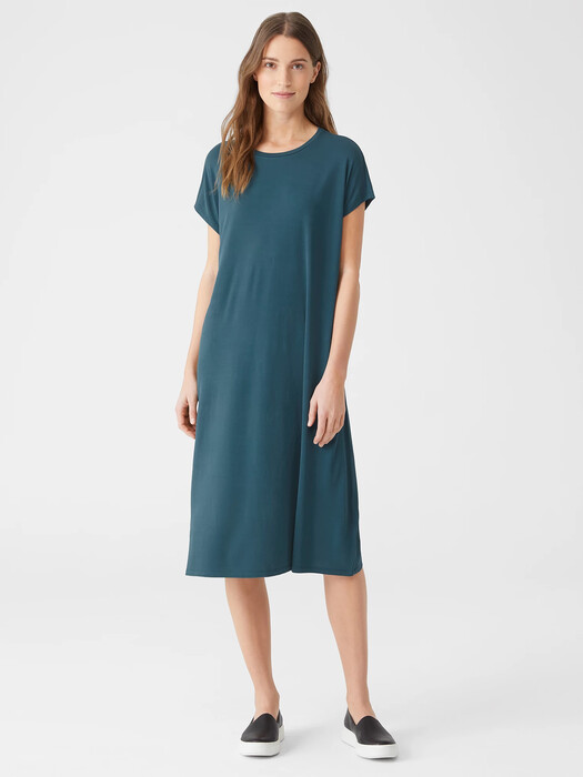Stretch Silk Jersey Crew Neck Dress