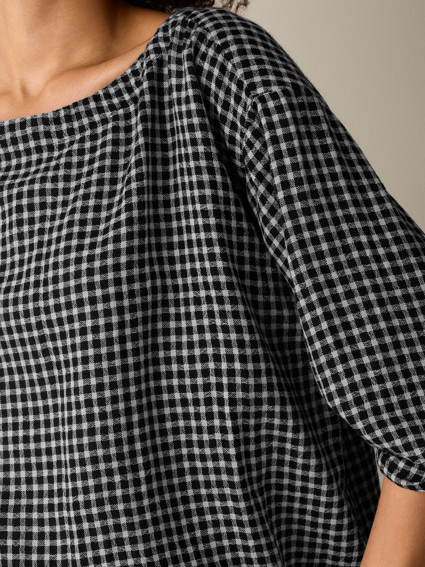Wool Cotton Check Bateau Neck Top