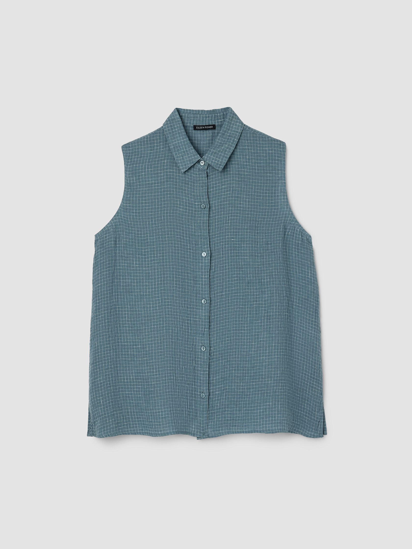 Puckered Organic Linen Grid Sleeveless Shirt