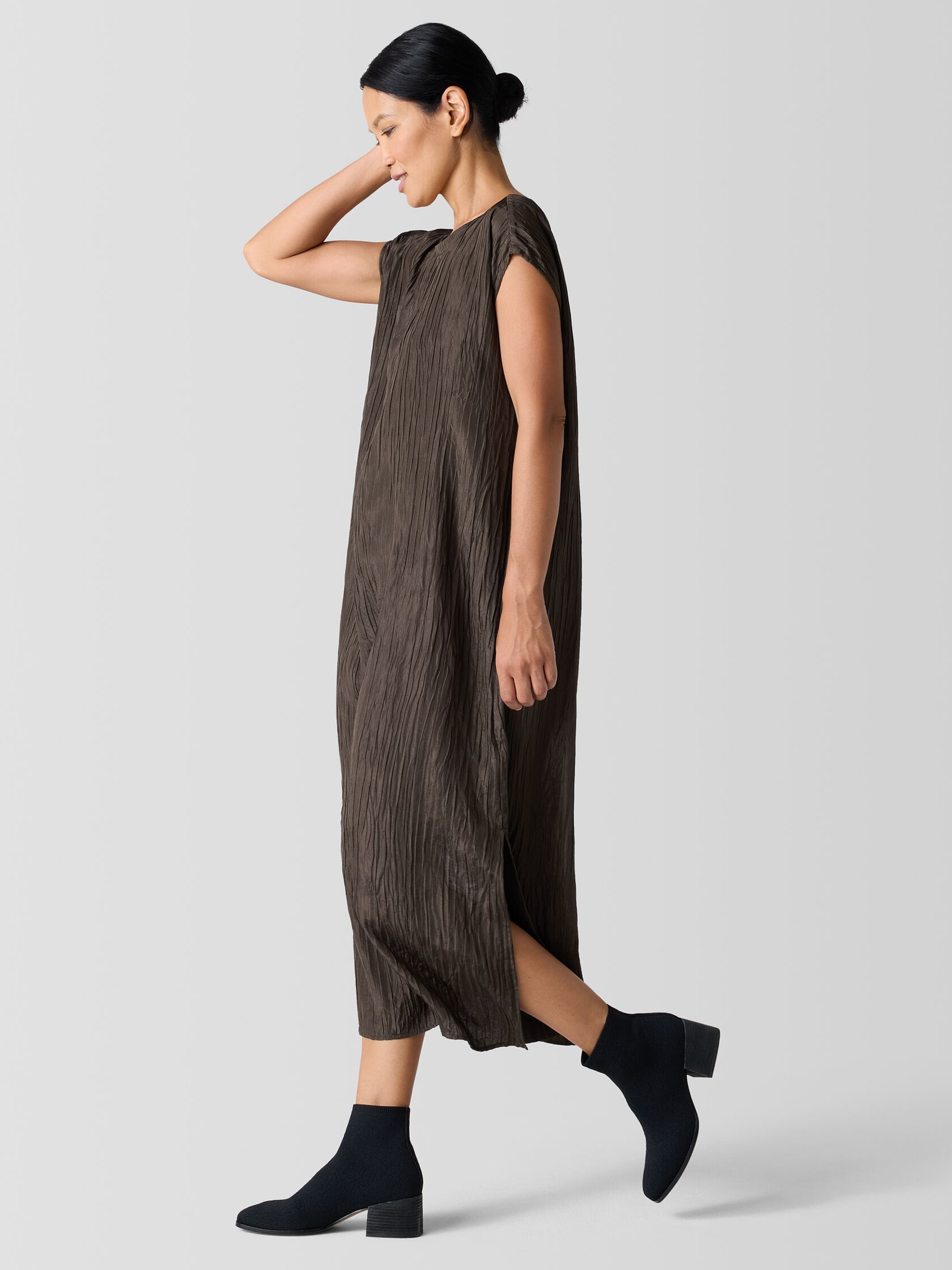 Textured Silk Jacquard Bateau Neck Dress