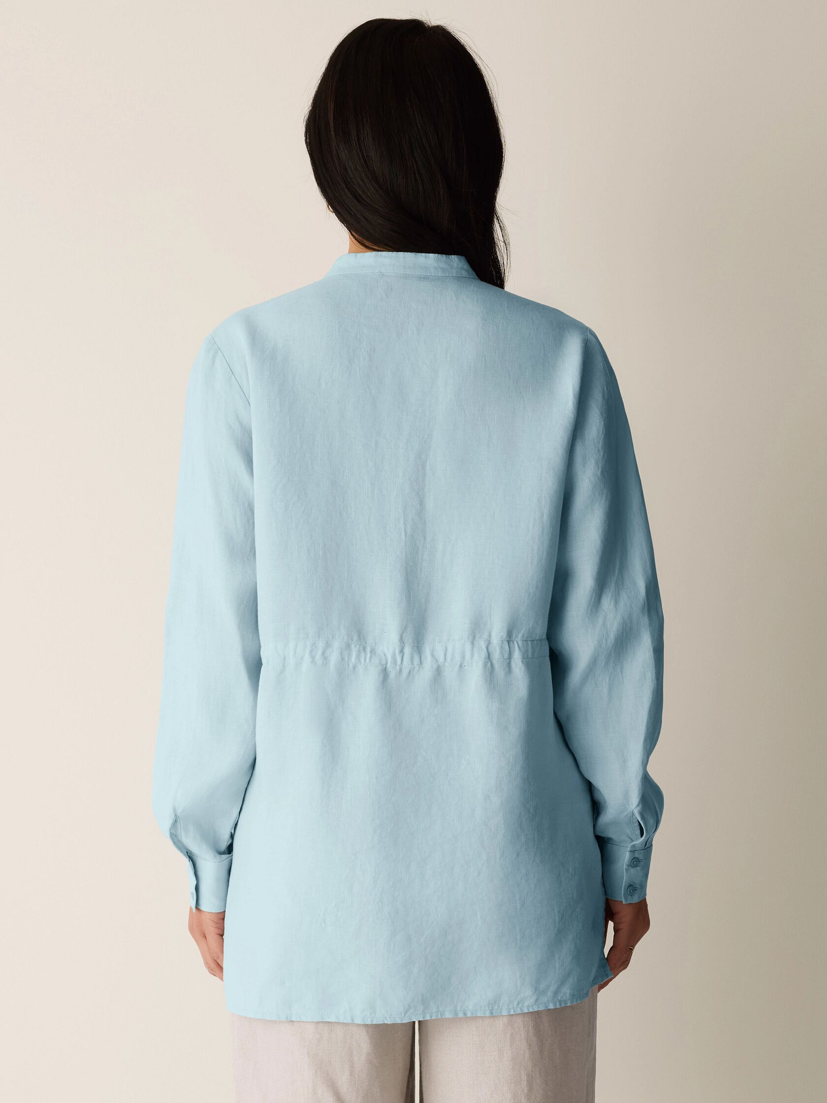 Organic Handkerchief Linen Band Collar Drawstring Shirt