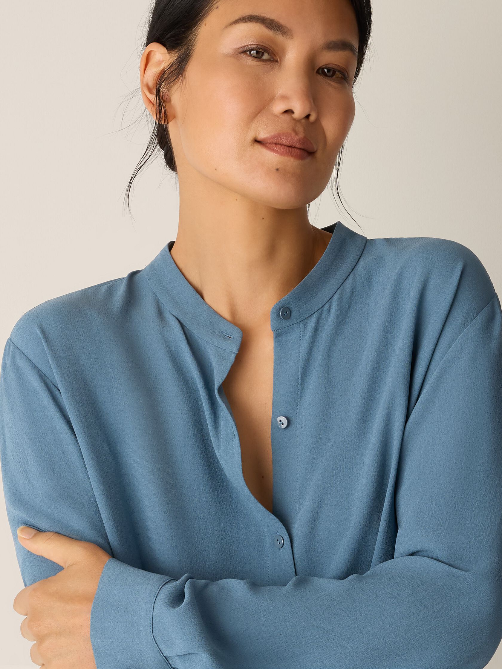 Silk Georgette Crepe Band Collar Top