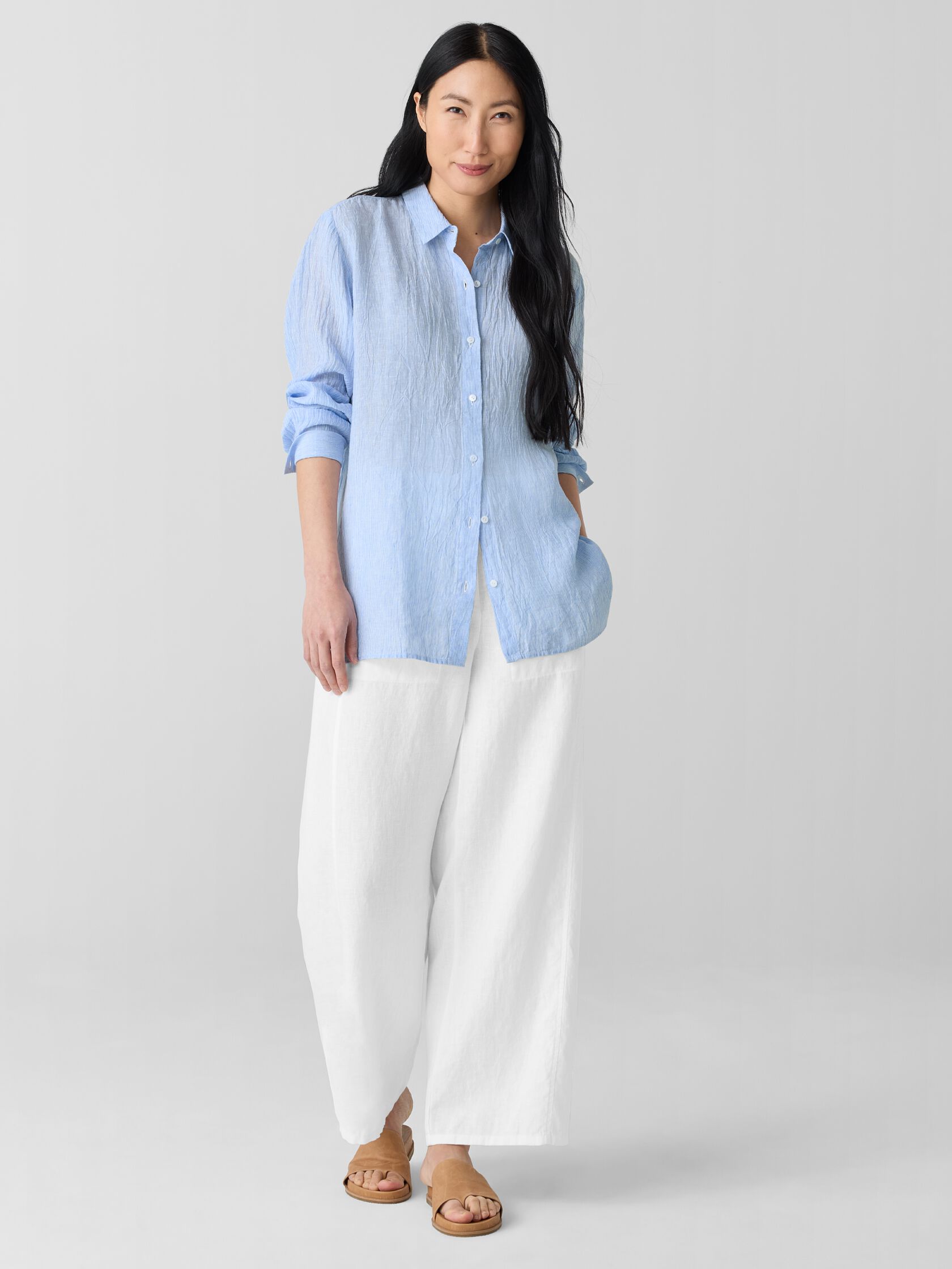 Puckered Organic Linen Stripe Classic Collar Shirt