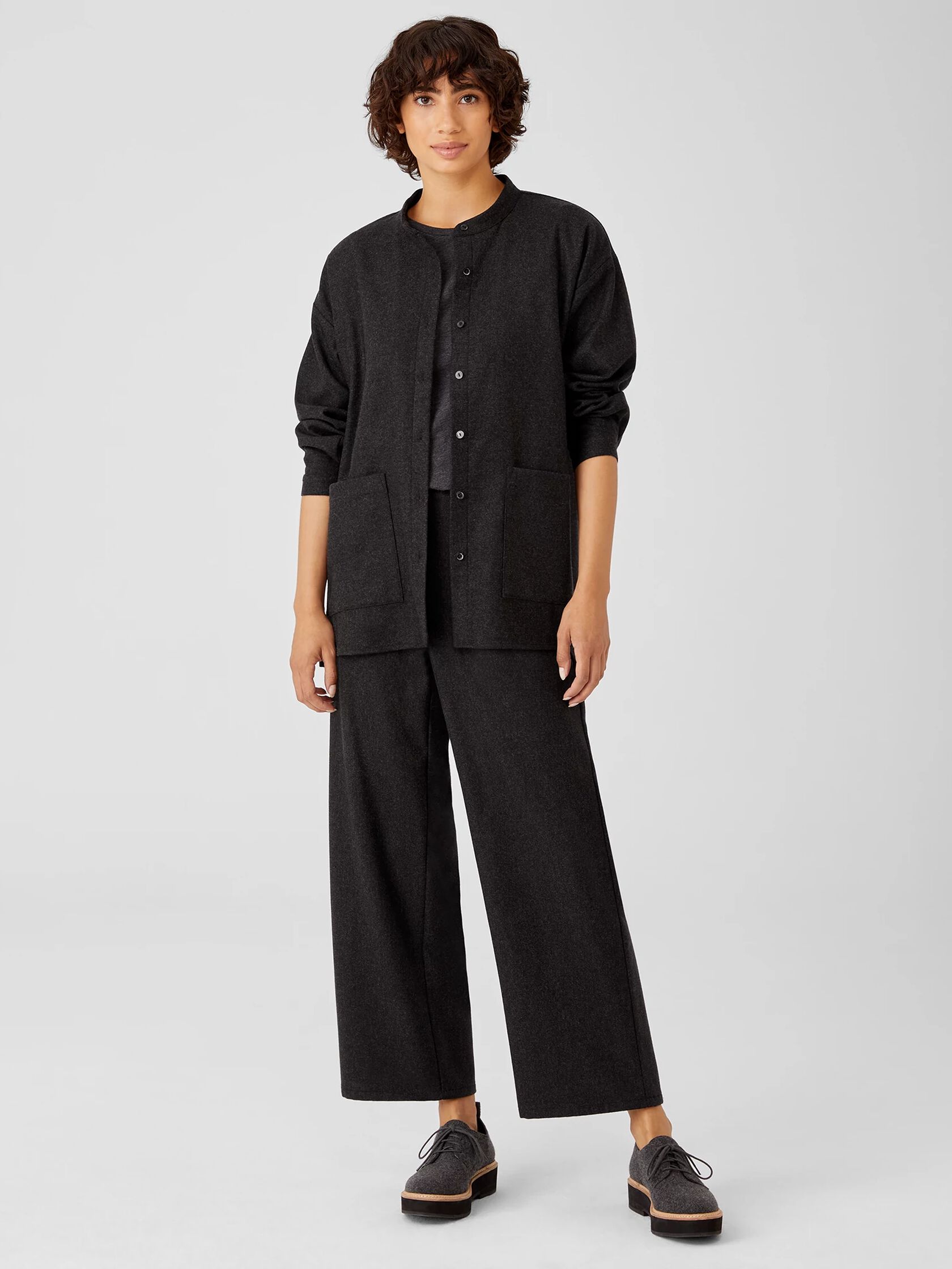 Soft Wool Flannel Mandarin Collar Shirt