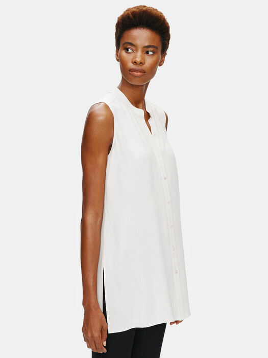 System Silk Georgette Crepe Mandarin Collar Shirt
