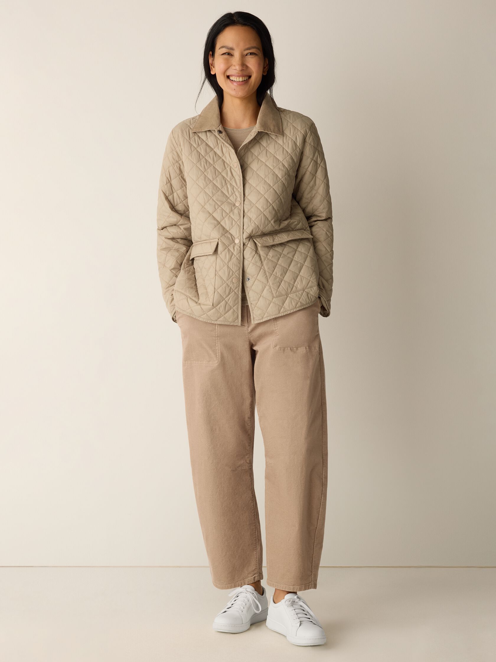 Eggshell Recycled Nylon Quilted Classic Collar Jacket