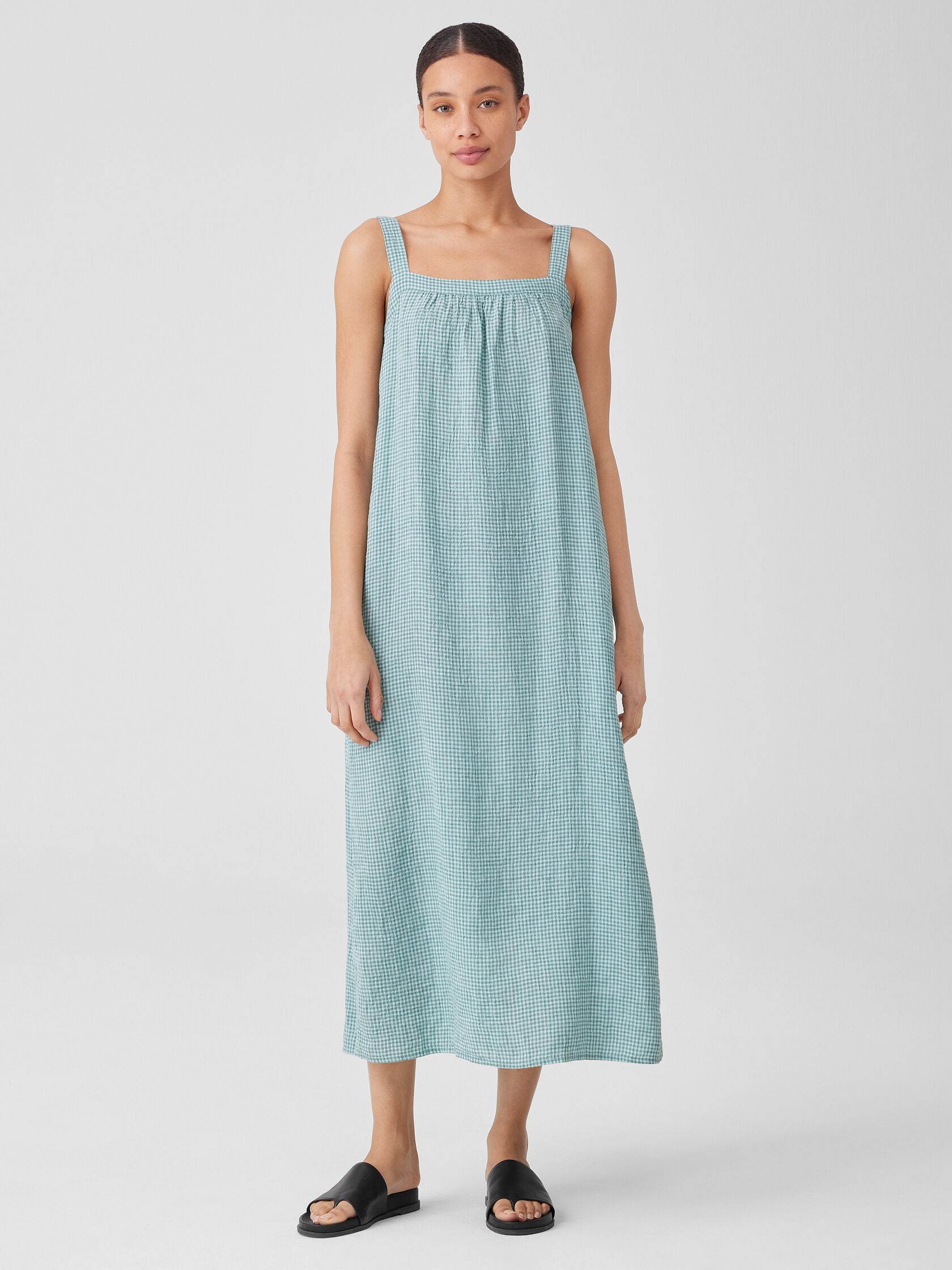 Puckered Organic Linen Square Neck Dress