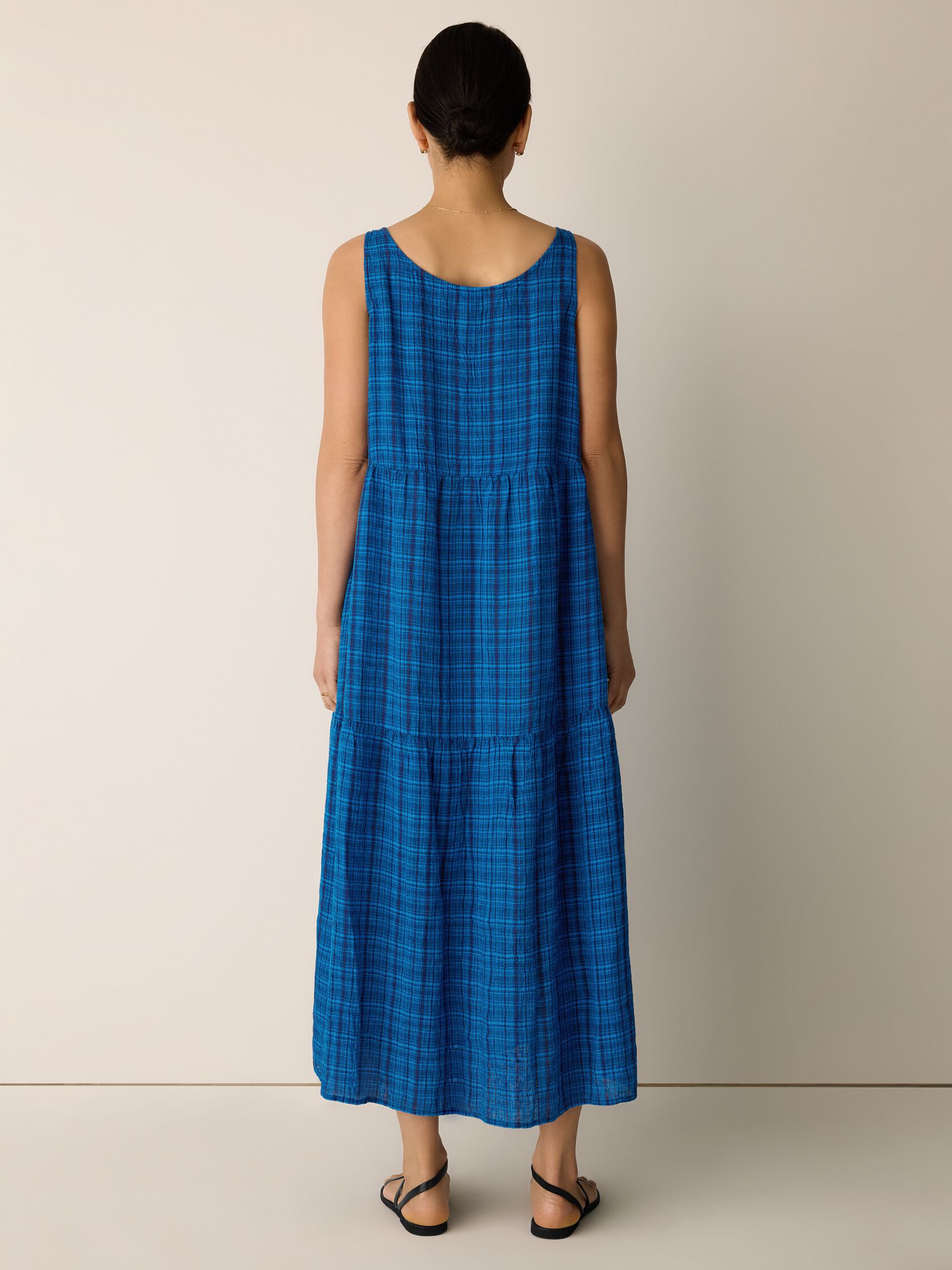 Puckered Organic Linen Plaid Tiered Dress