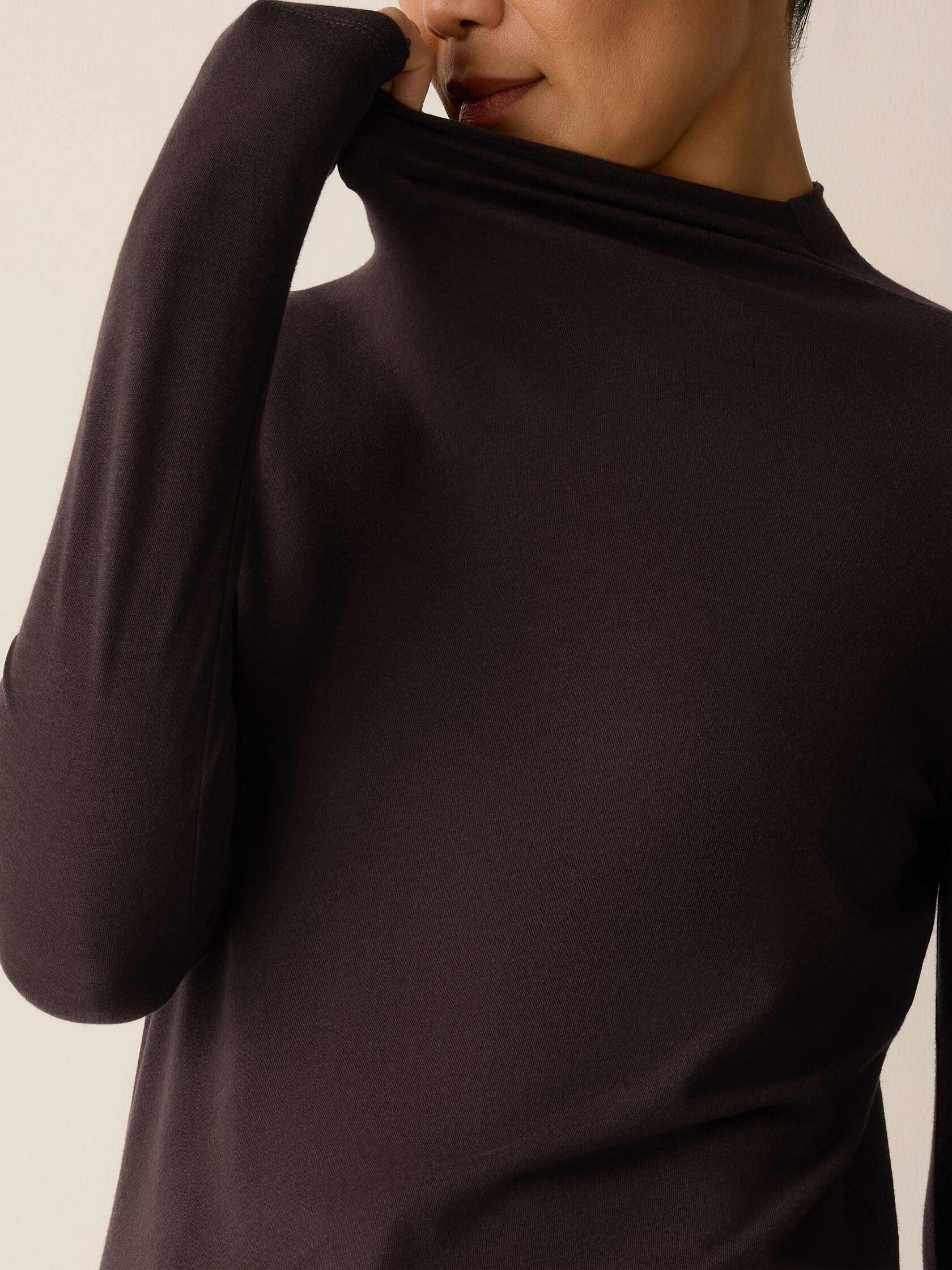 Sheer Cotton Blend Knit Funnel Neck Top