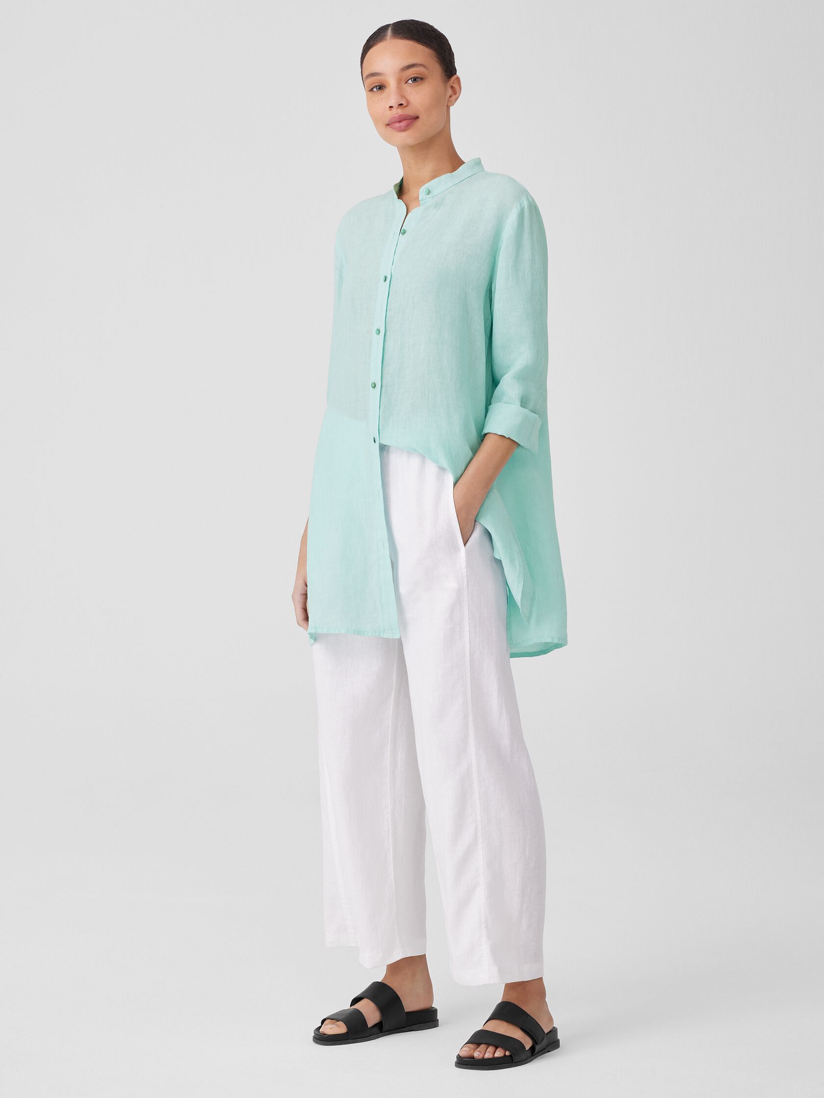 Garment-Dyed Handkerchief Linen Mandarin Collar Long Shirt