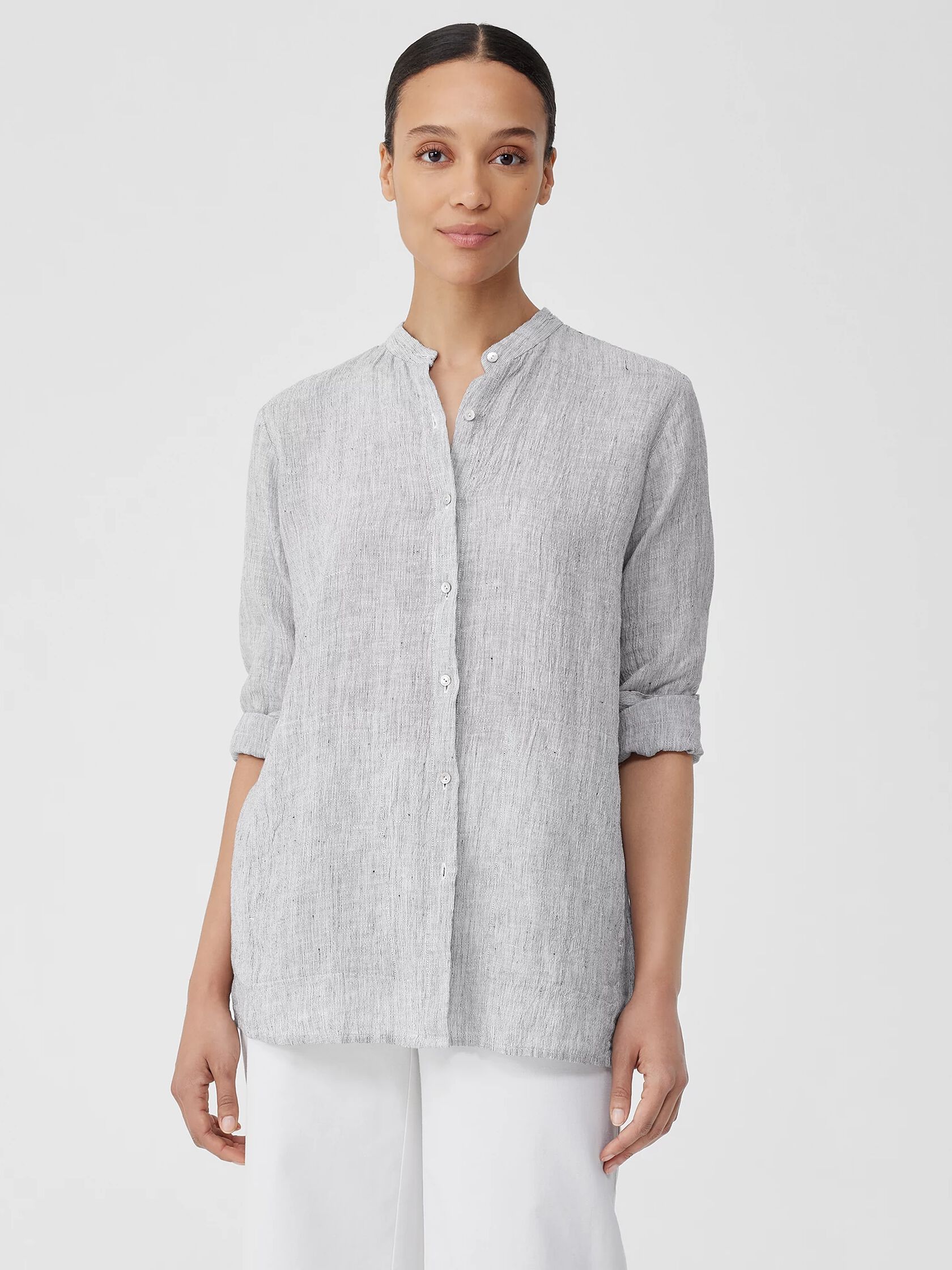 Crinkled Organic Linen Stripe Mandarin Collar Long Shirt