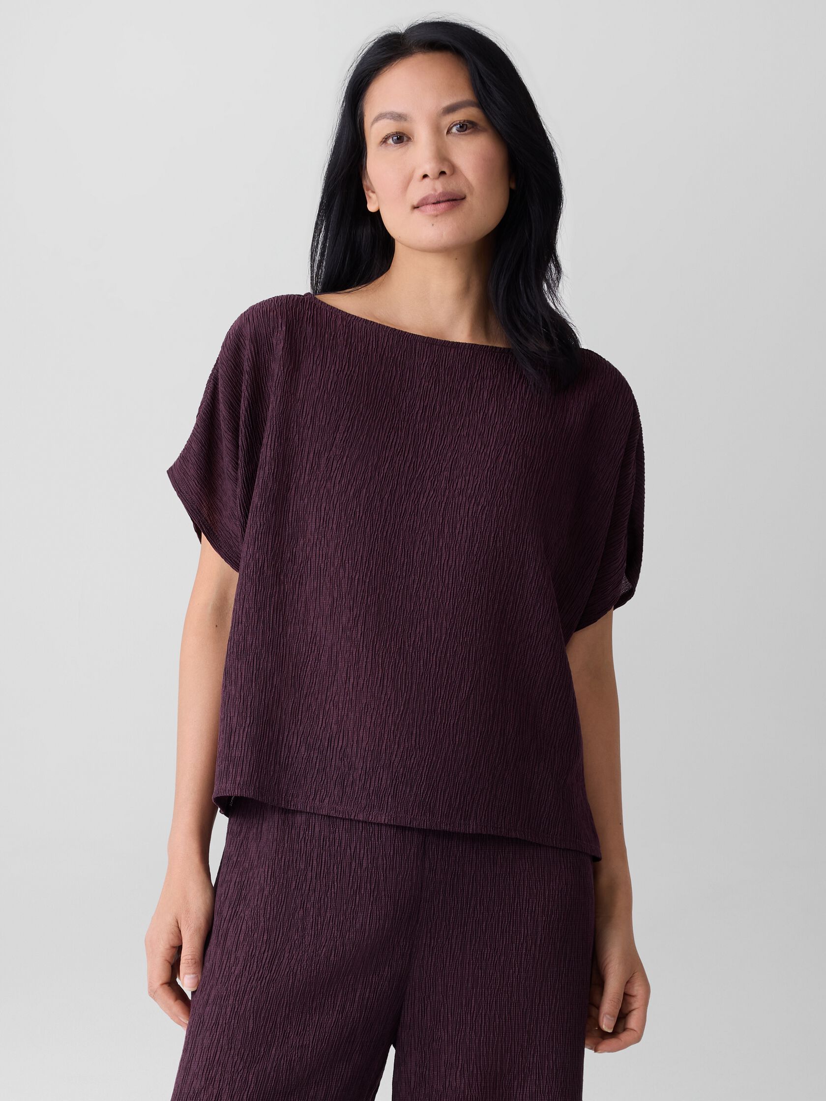 Woven Plissé Dolman Sleeve Top